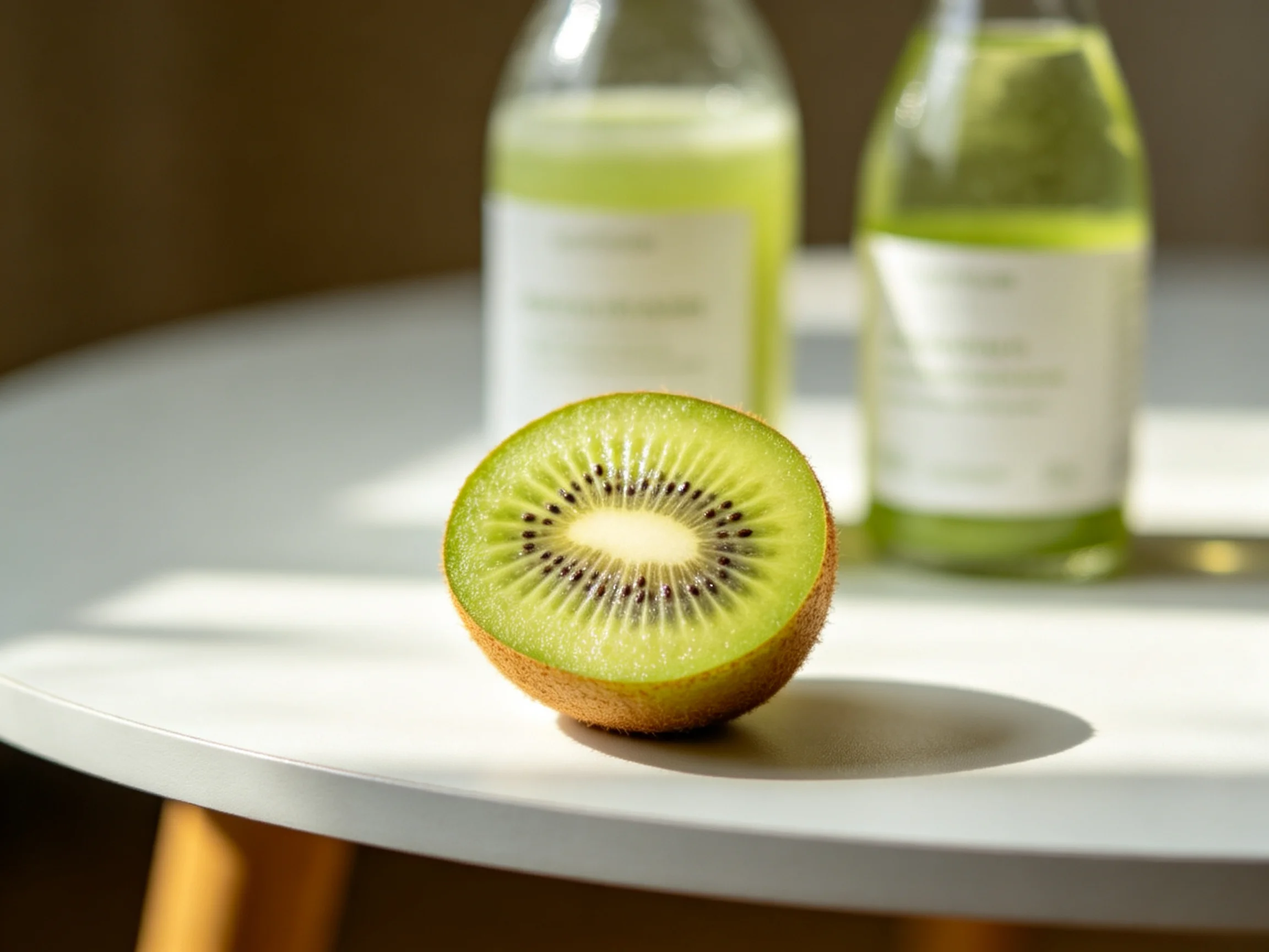 A halved kiwi sits on a white table beside two green-tinted bottles