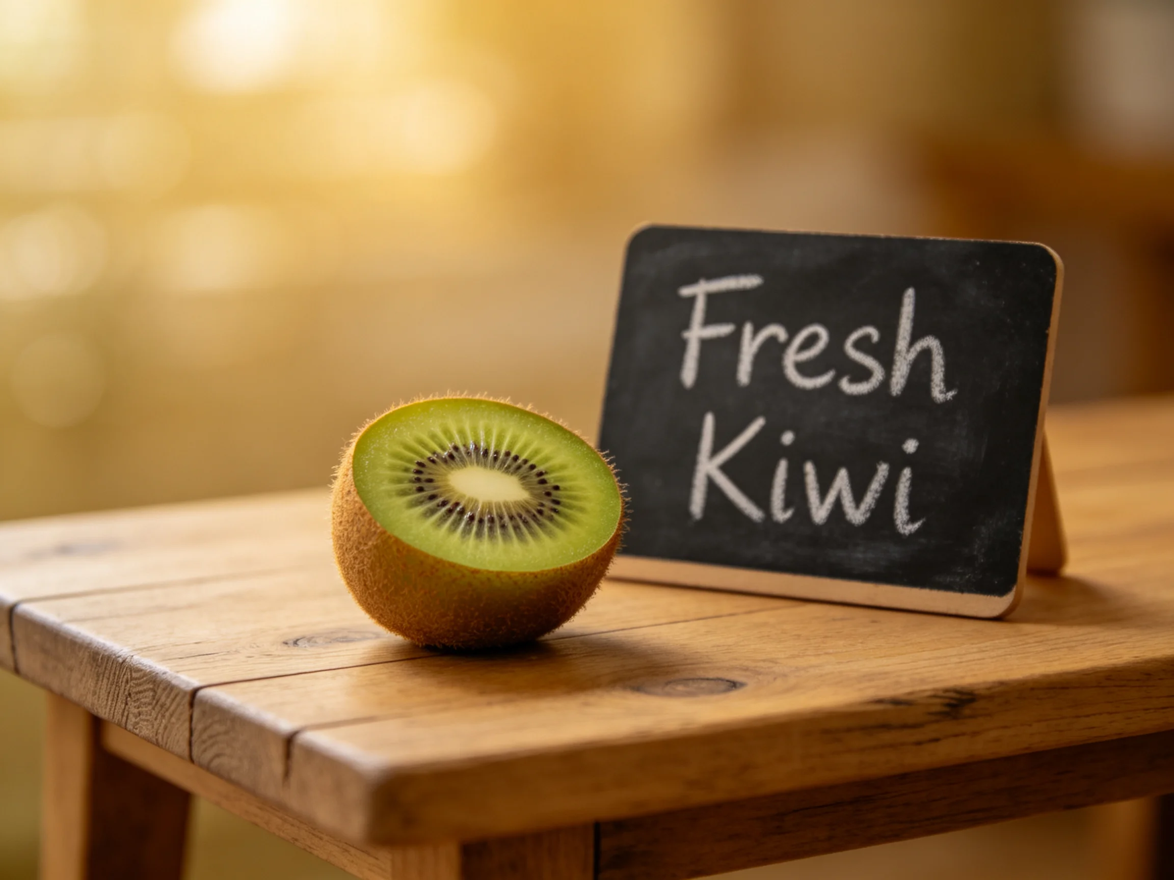 A halved kiwi with fuzzy brown skin sits beside a black sign reading Fresh Kiwi on a wooden table.