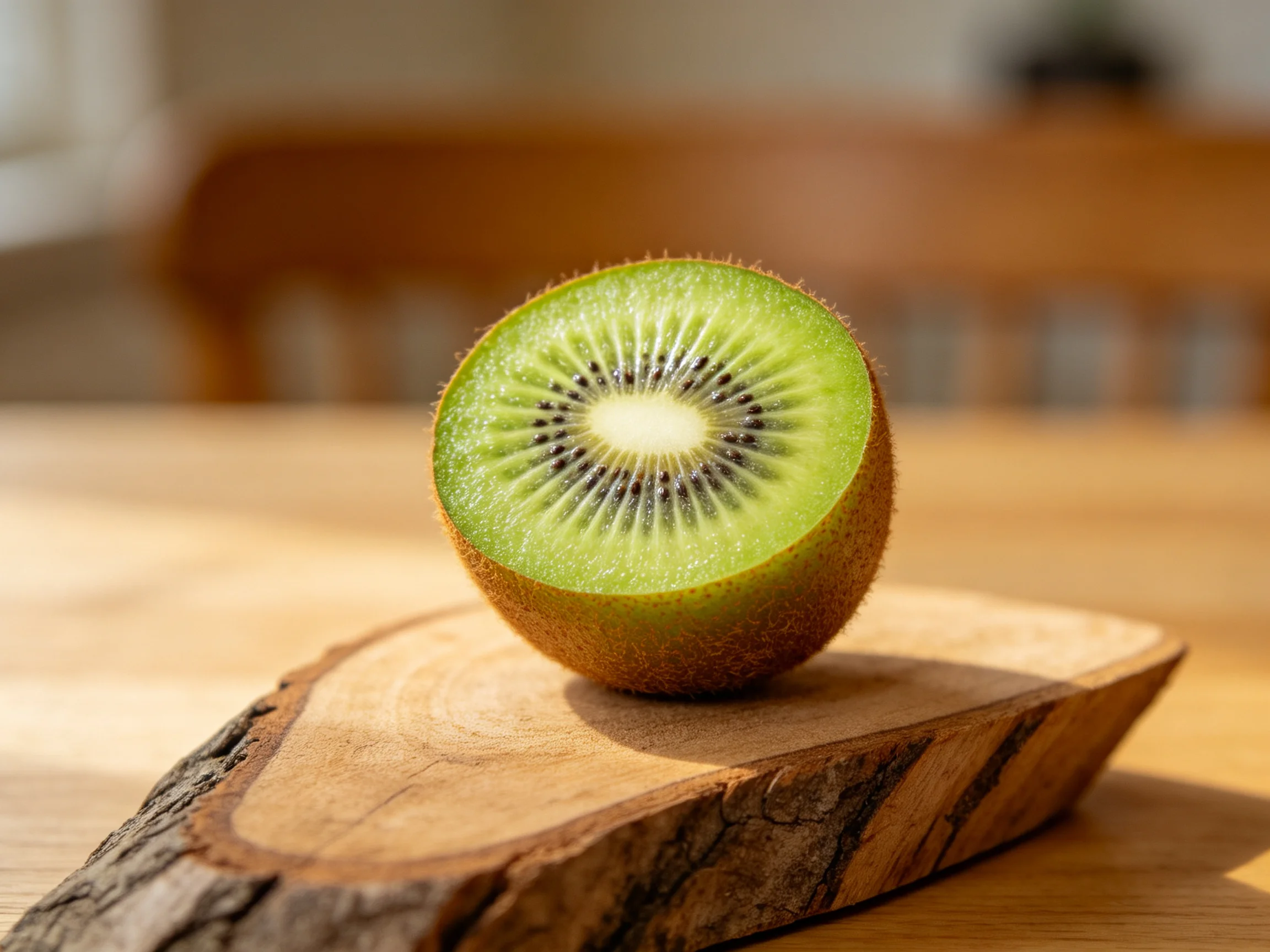 A halved kiwi with vibrant green flesh on a rustic wooden slab