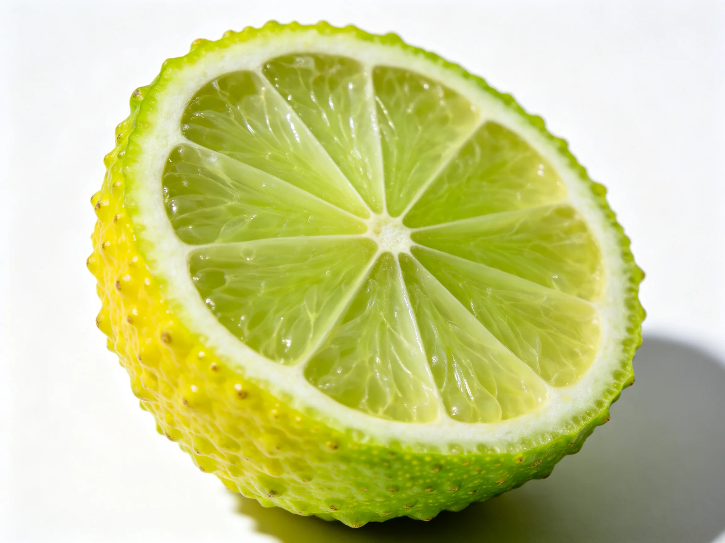 A halved lime with textured rind and segmented green-yellow flesh