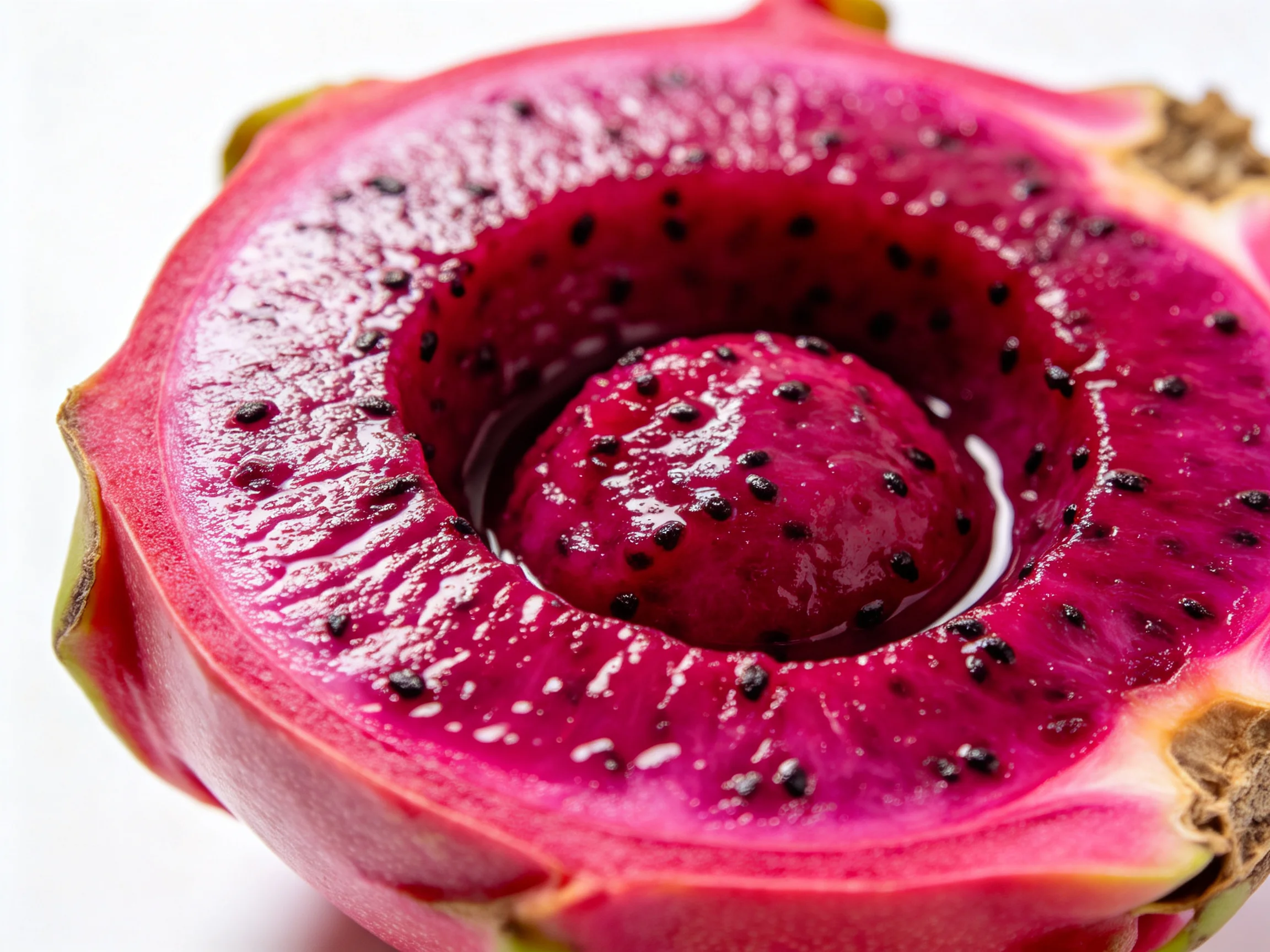 A halved magenta dragon fruit with glossy flesh and black seeds
