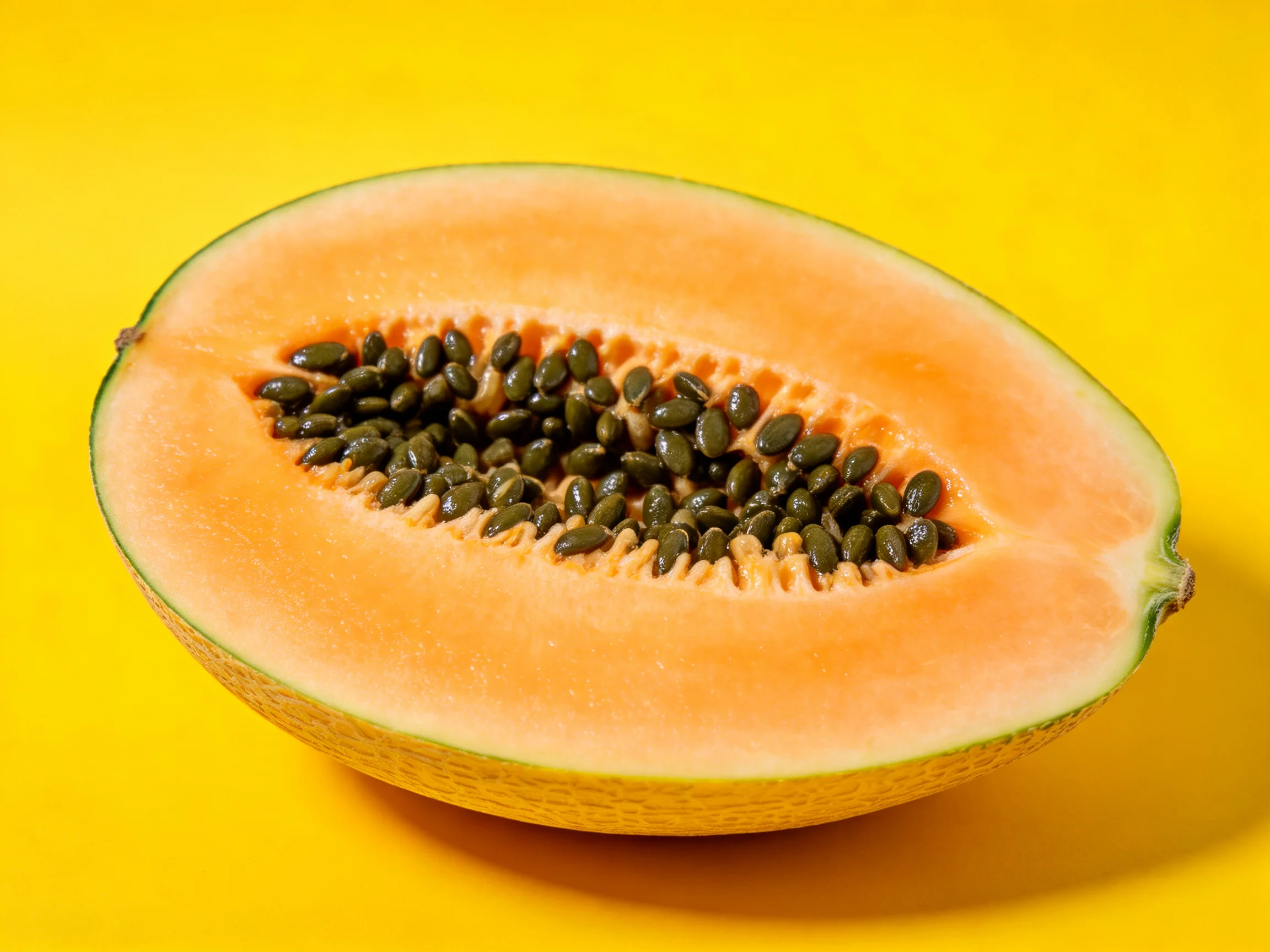 A halved melon with orange flesh and green seeds