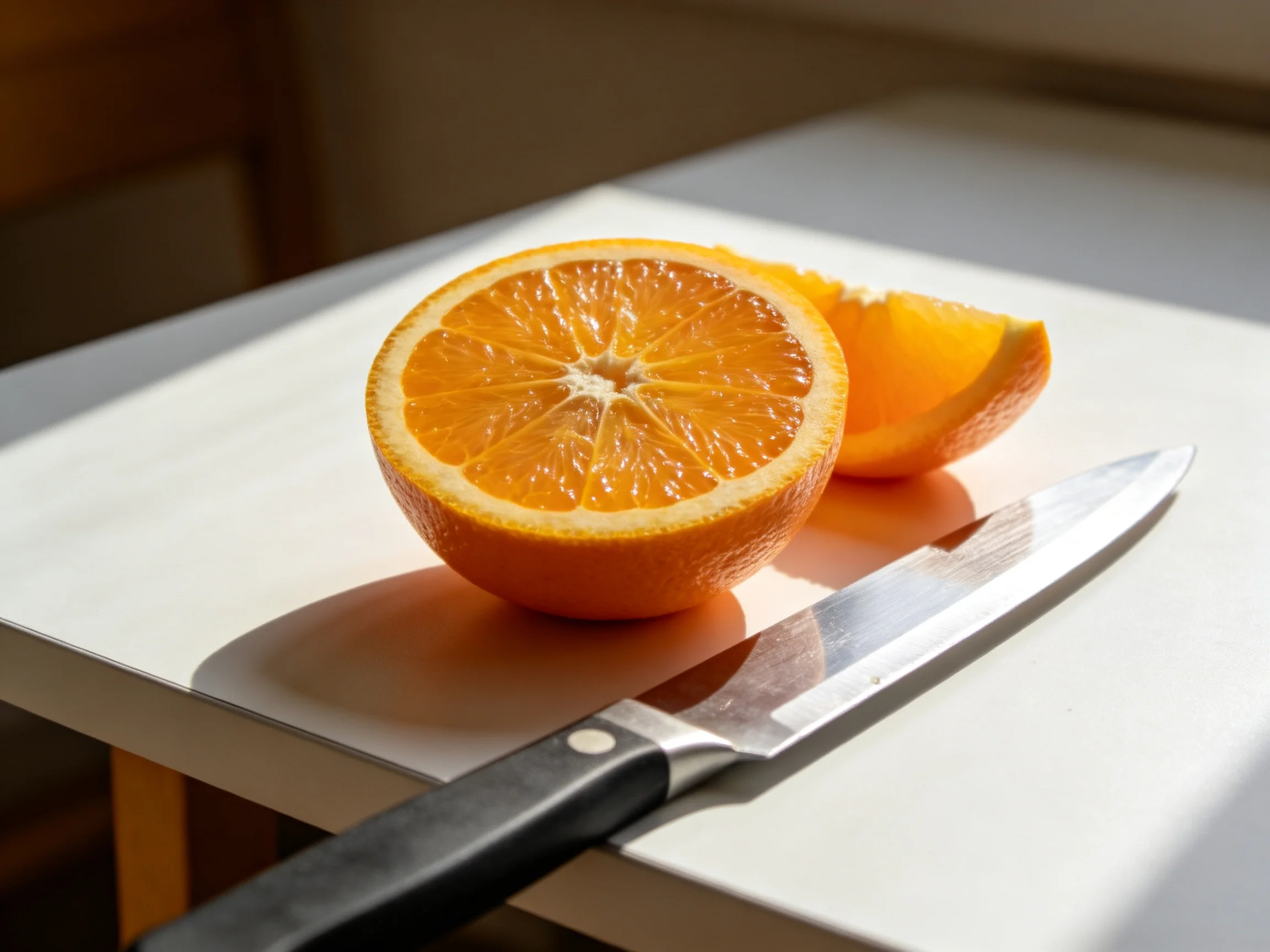A halved orange, an orange wedge, and a silver knife sit on a white cutting board with sunlight
