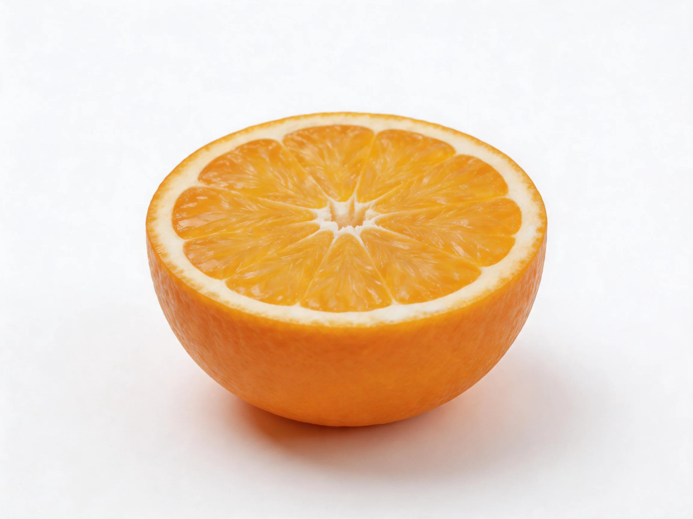 A halved orange fruit with vibrant citrus segments