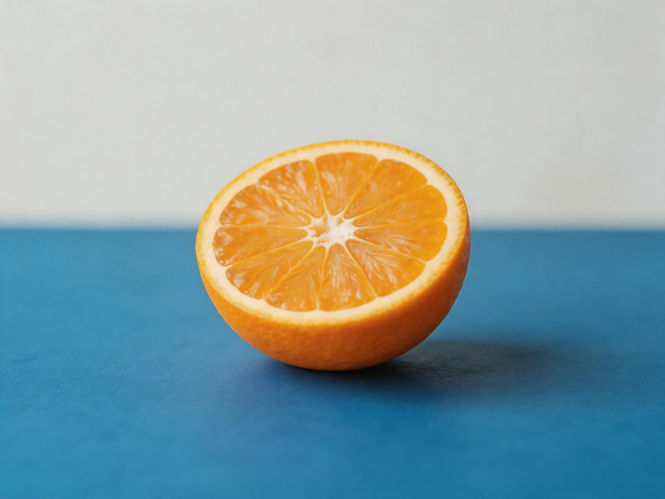 A halved orange rests on a smooth blue surface