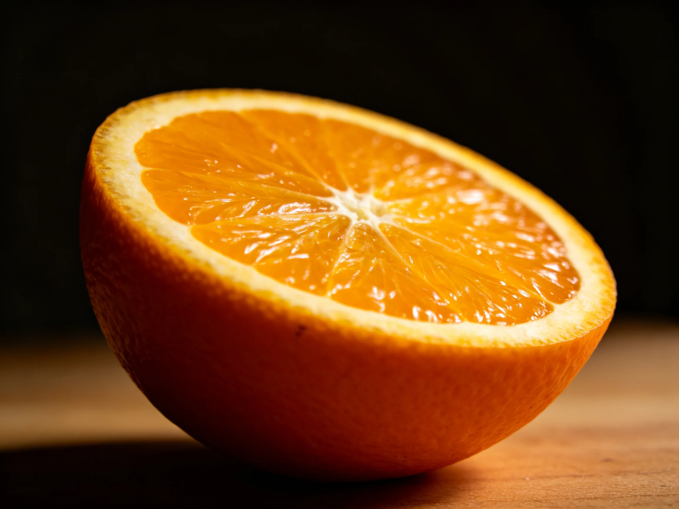 A halved orange with glossy citrus segments on a wooden surface