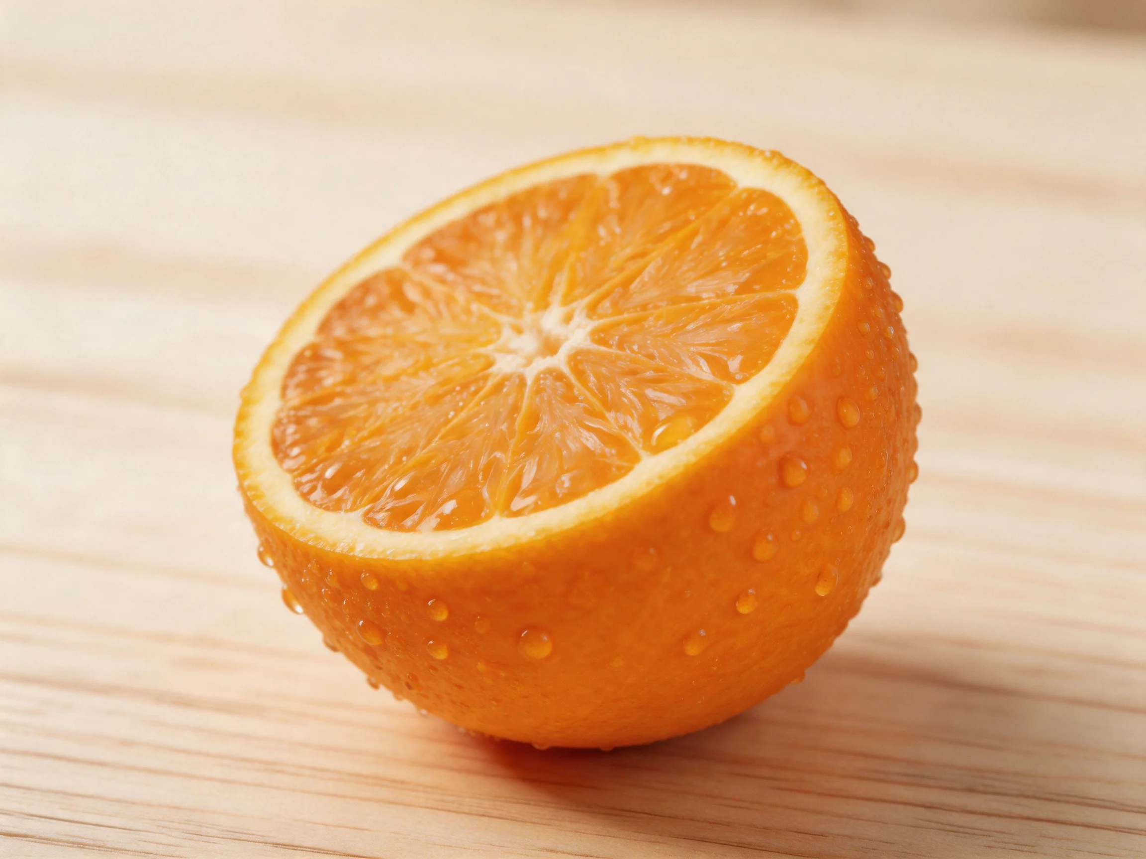 A halved orange with water droplets on a light wooden surface