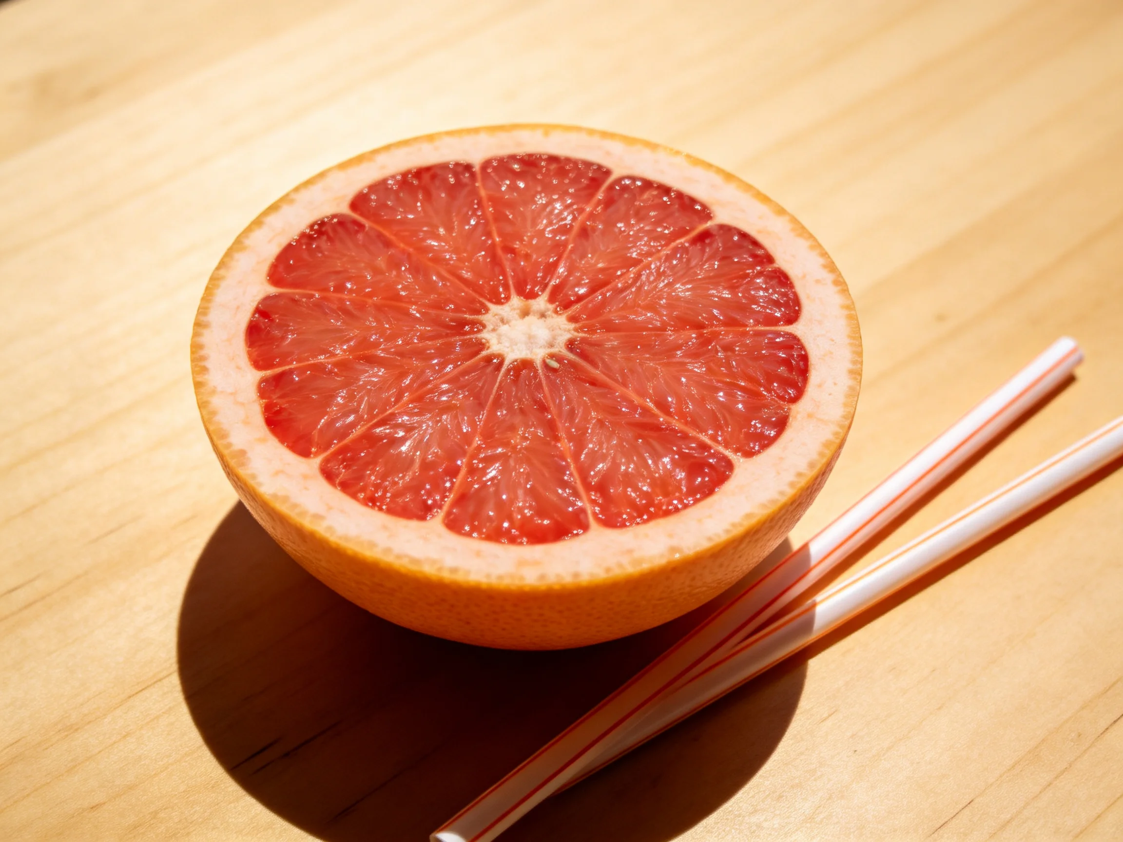 A halved pink grapefruit sits beside two striped straws on a wooden surface