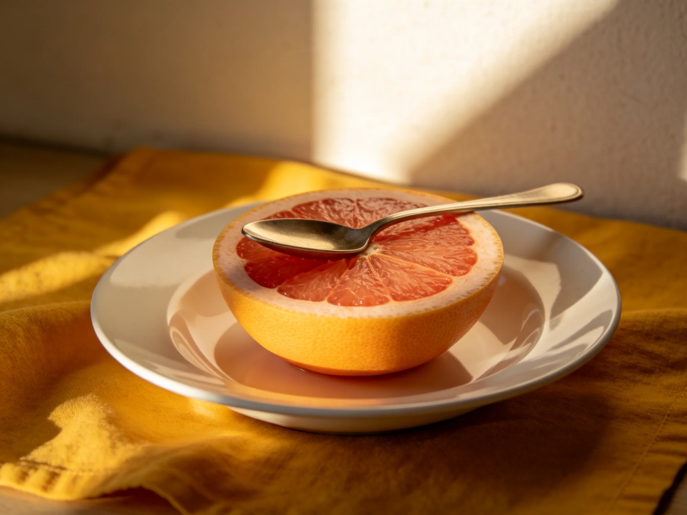 A halved pink grapefruit with a spoon on a white plate