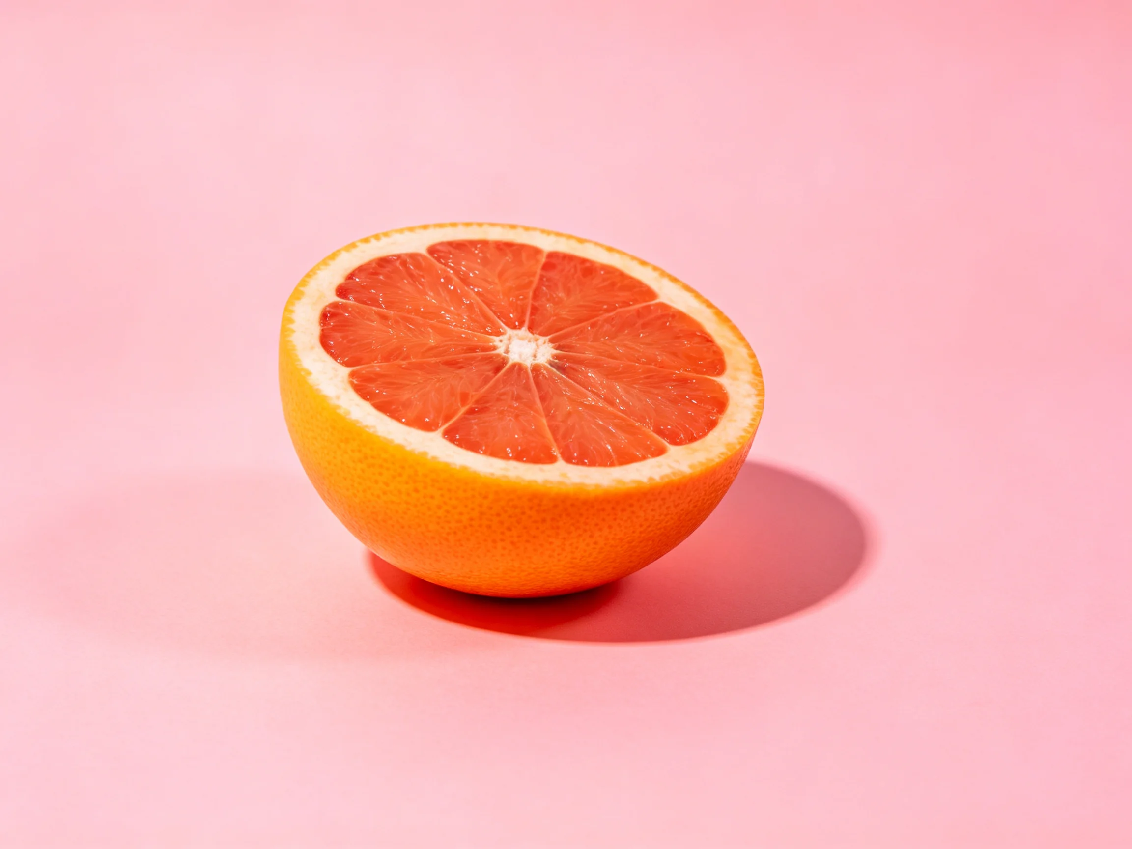 A halved pinkish-orange citrus fruit on a solid pink surface