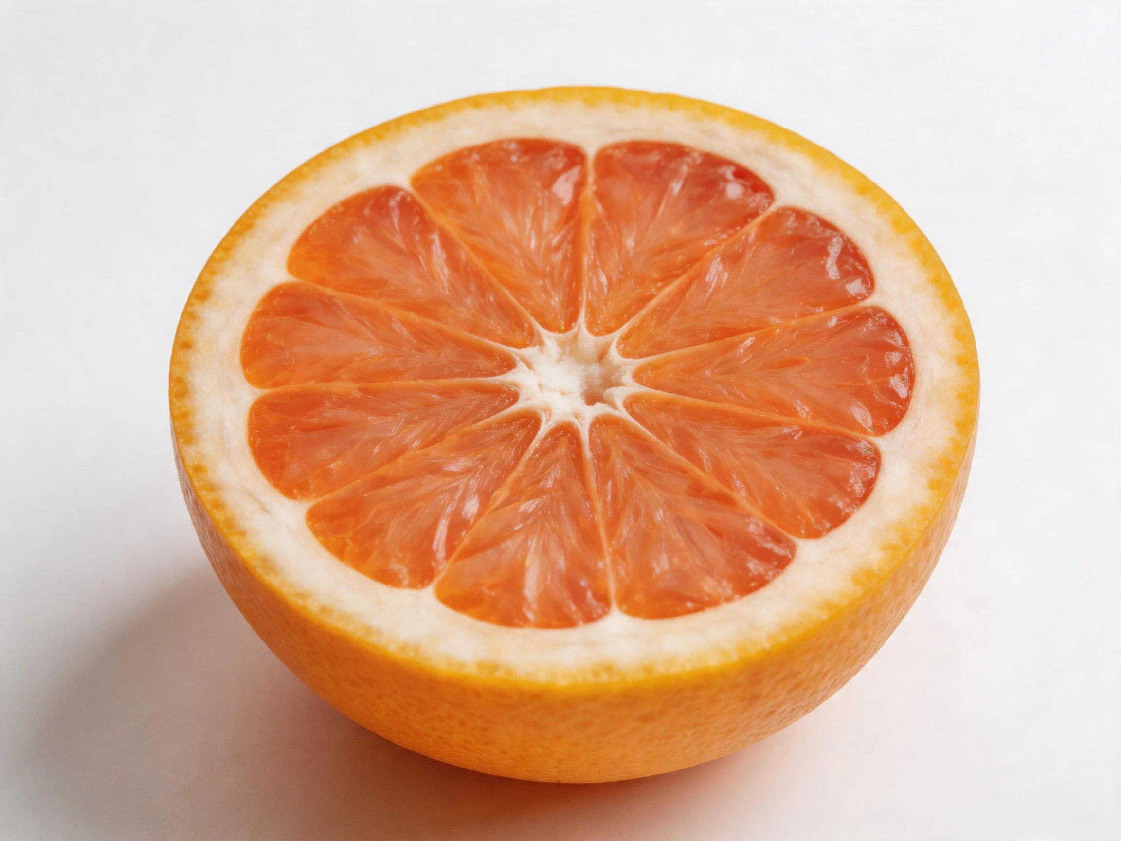 A halved pinkish-orange citrus fruit with vibrant segments