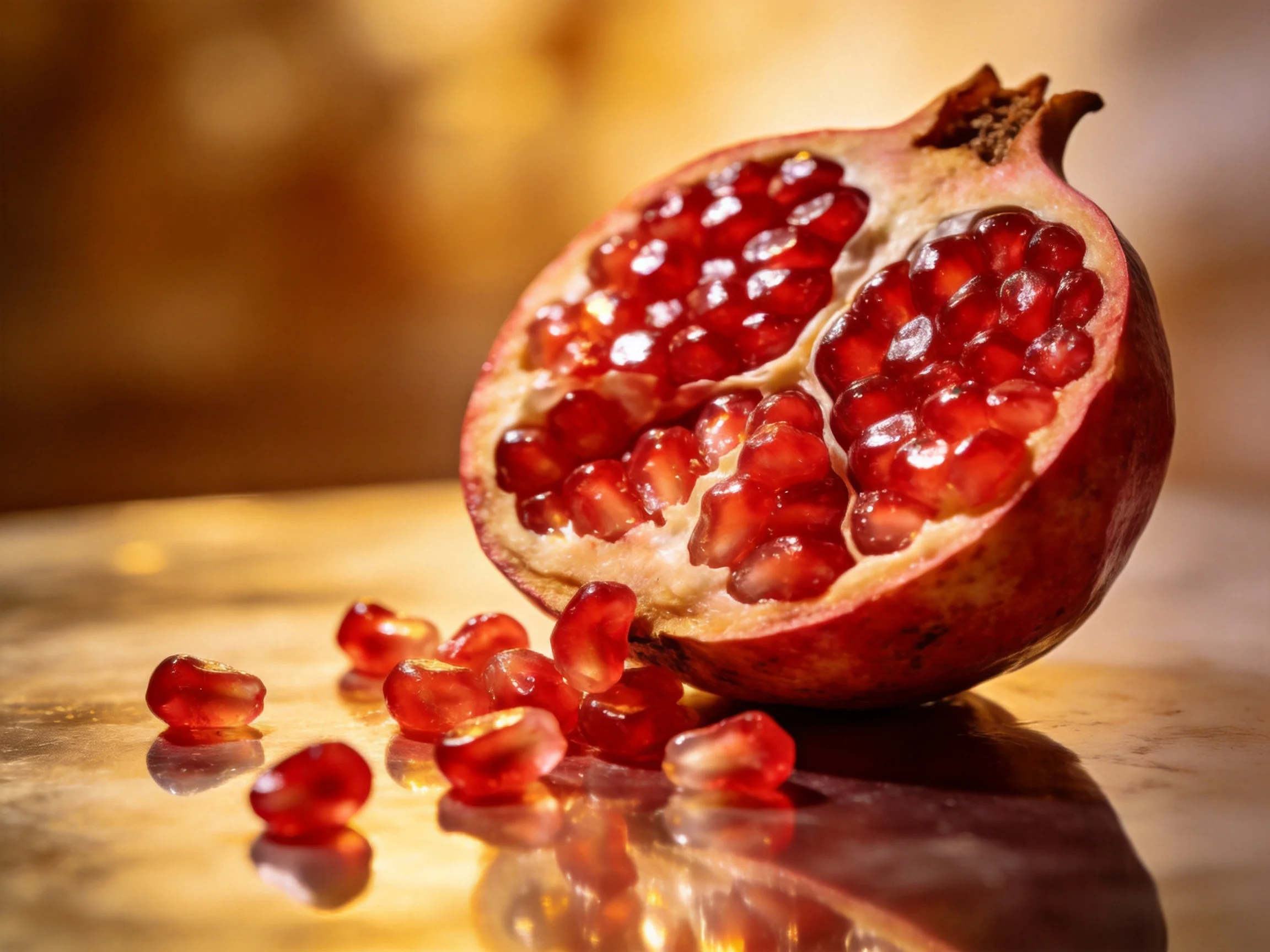 A halved pomegranate with glistening red seeds on a reflective surface