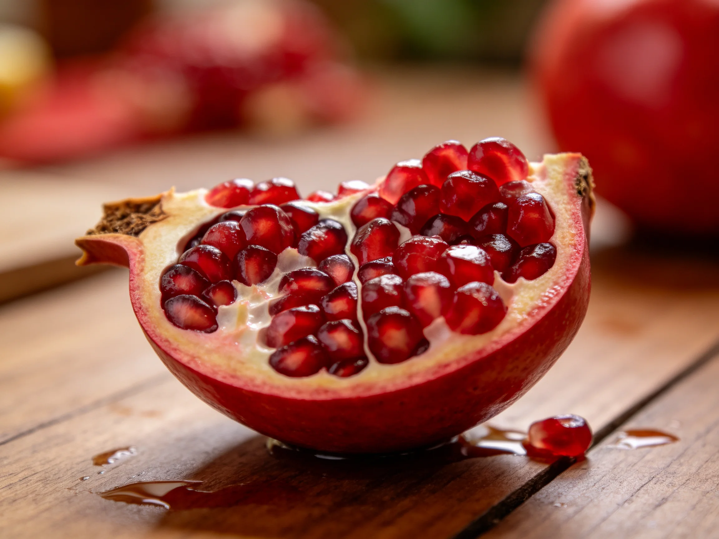 A halved pomegranate with glistening red seeds on a wooden surface