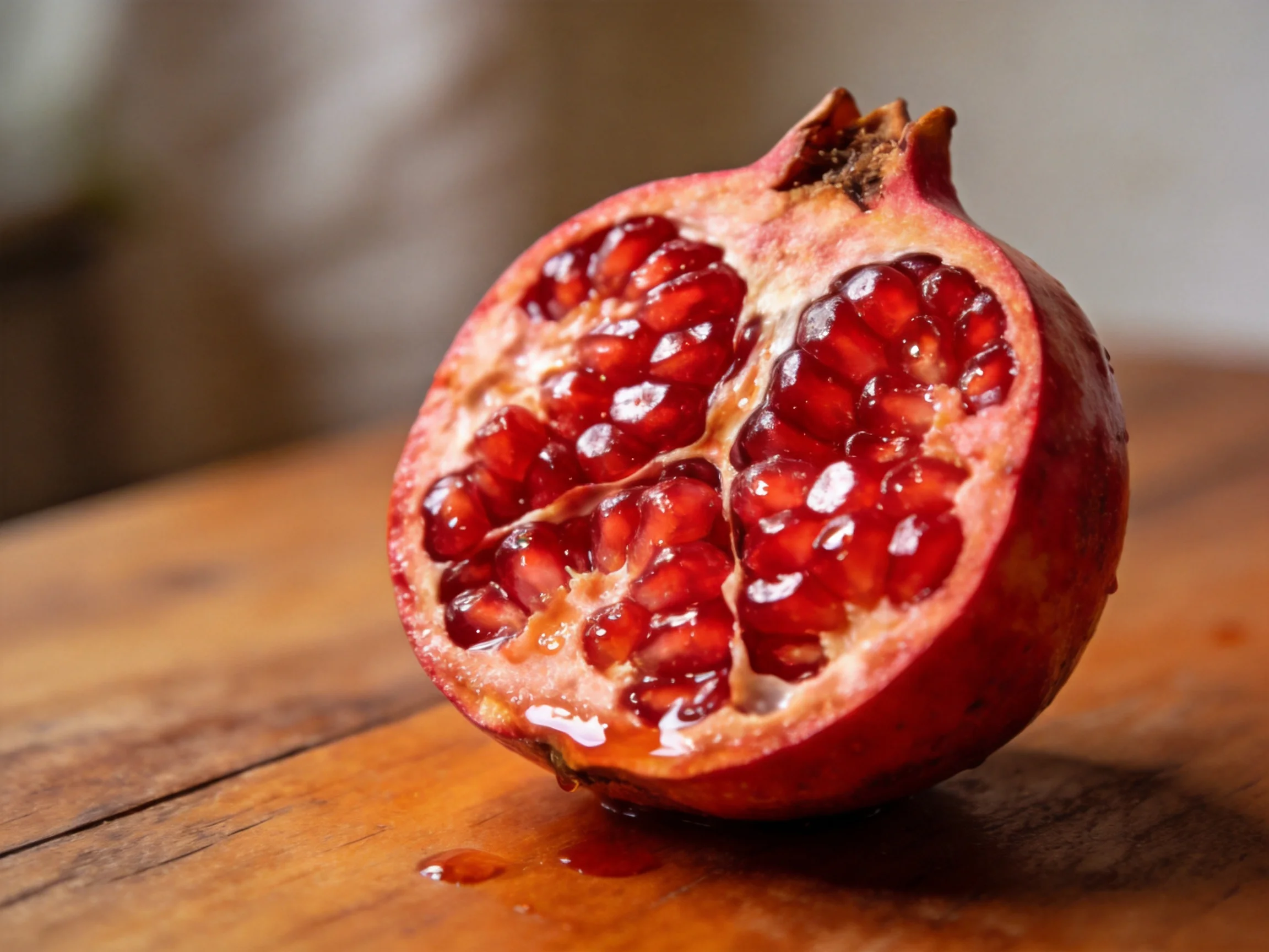 A halved pomegranate with glistening red seeds on a woodensurface