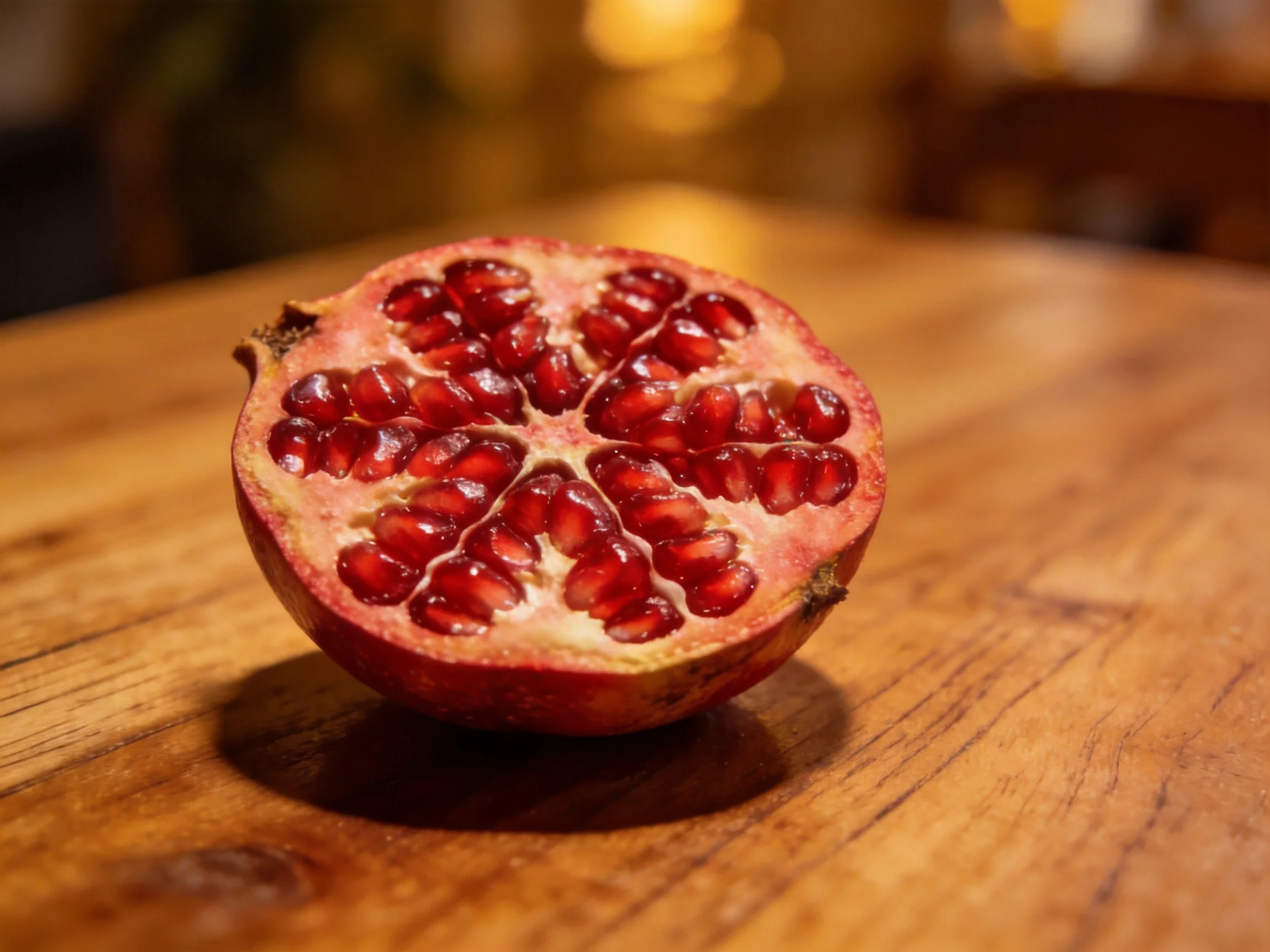 A halved pomegranate with glistening seeds on a wooden table