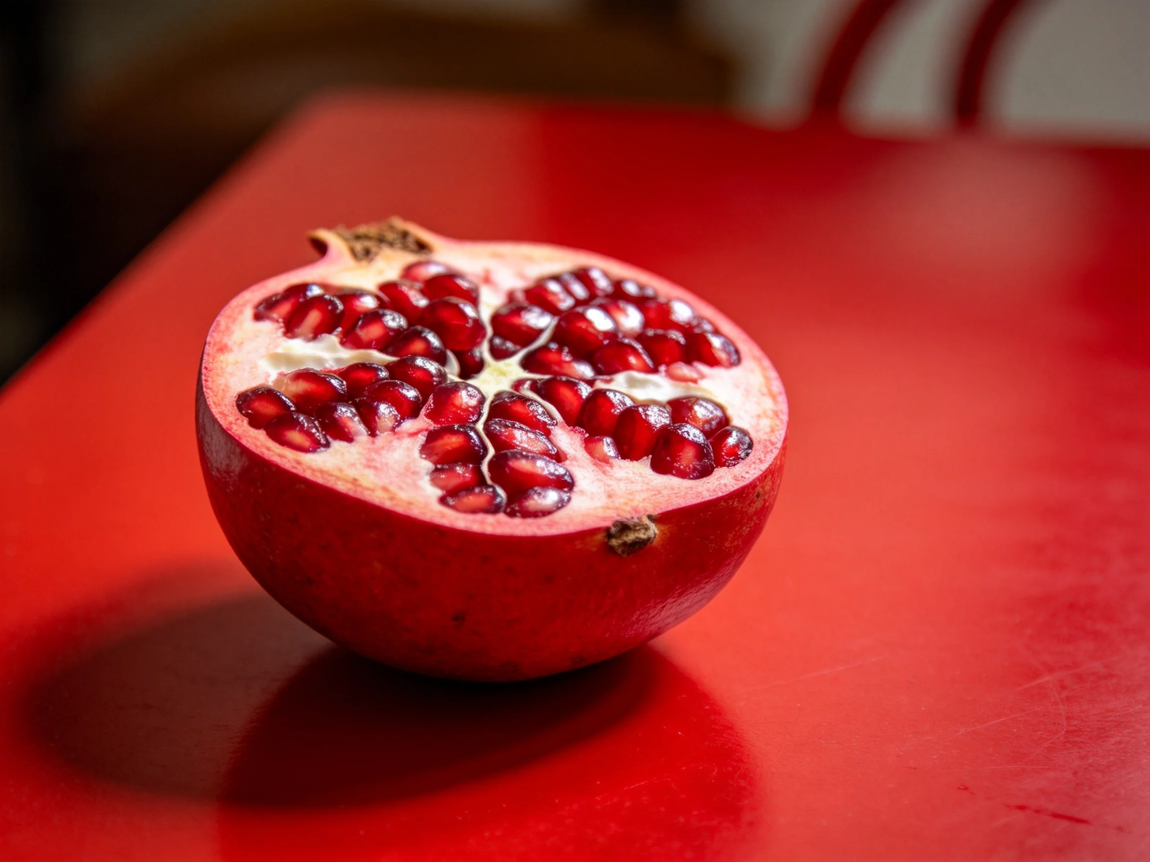 A halved pomegranate with glossy red seeds on a vivid red table