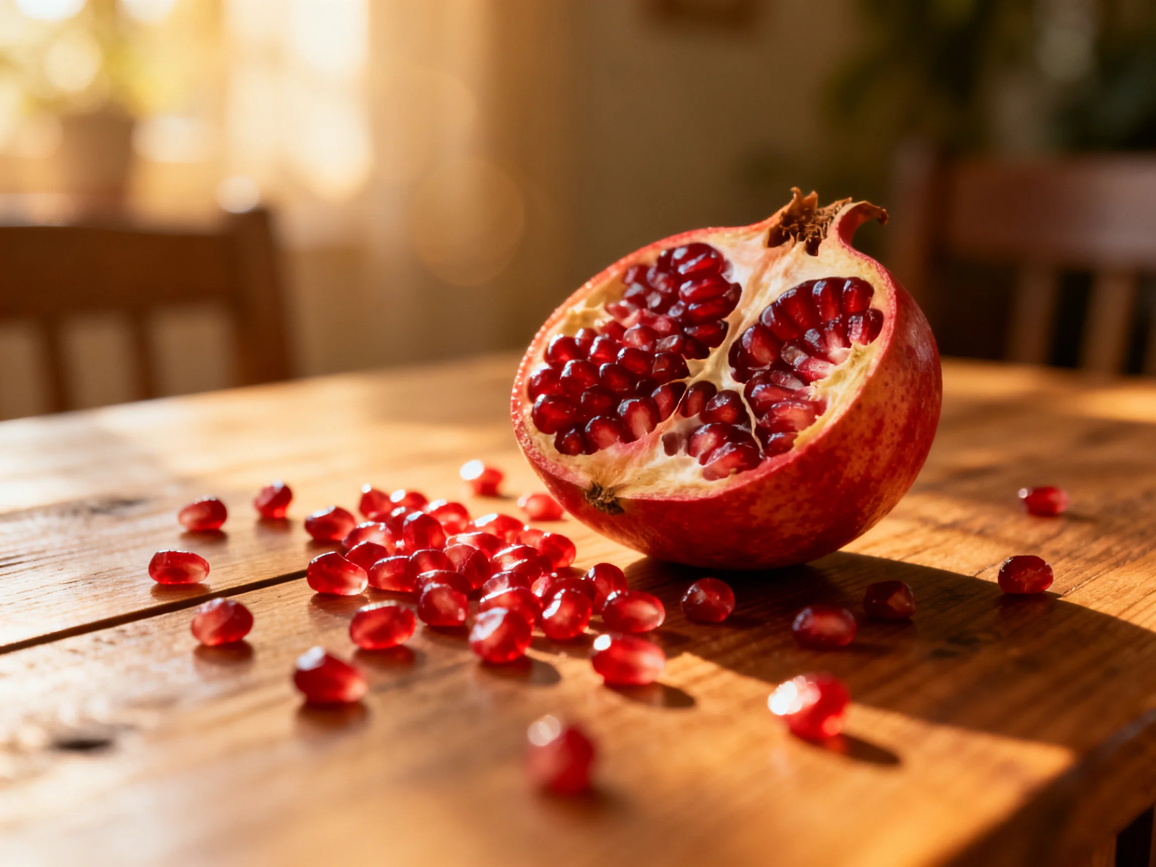 A halved pomegranate with scattered seeds on a wooden table