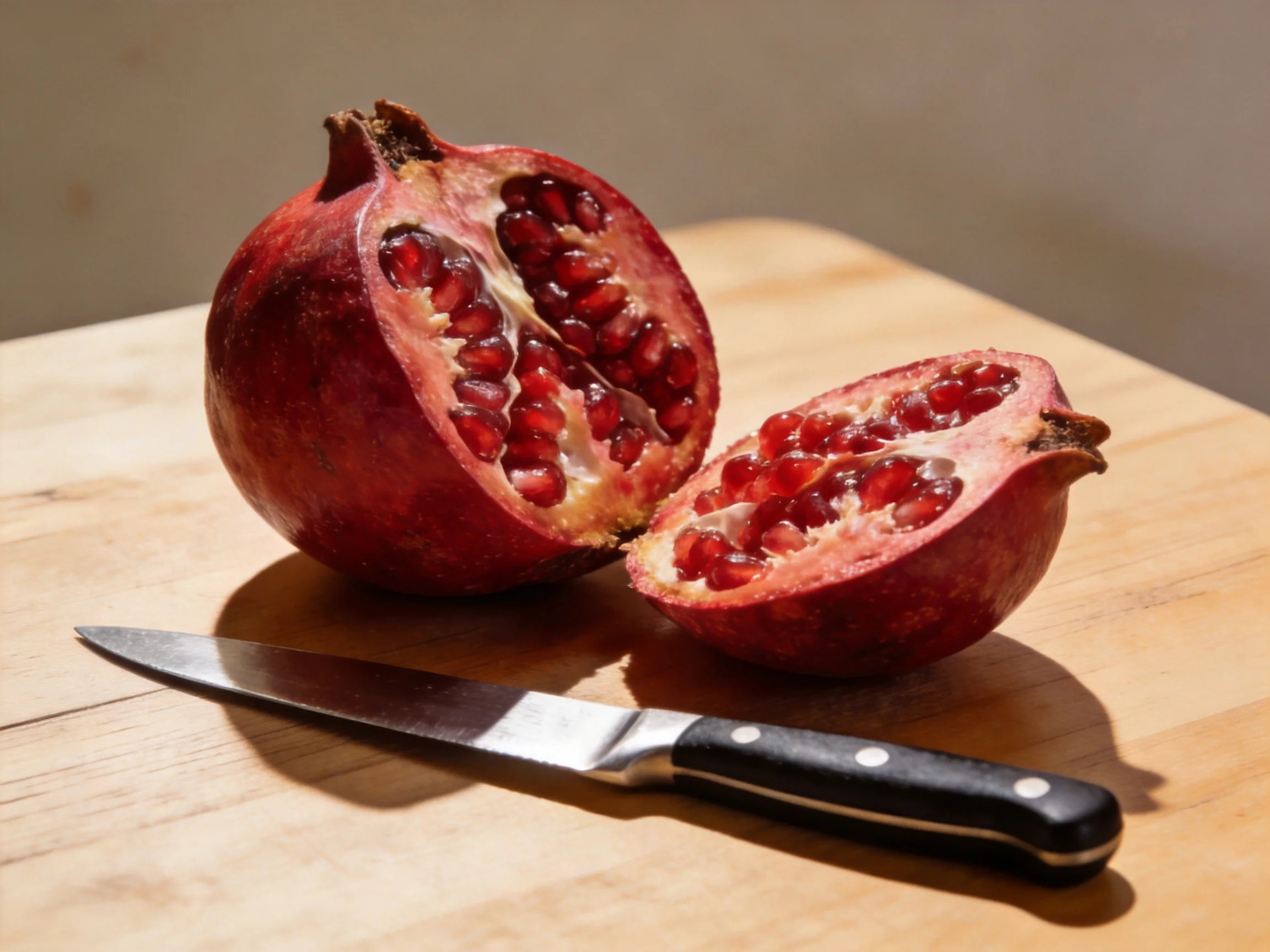 A halved pomegranate with vibrant red seeds on a wooden cutting board