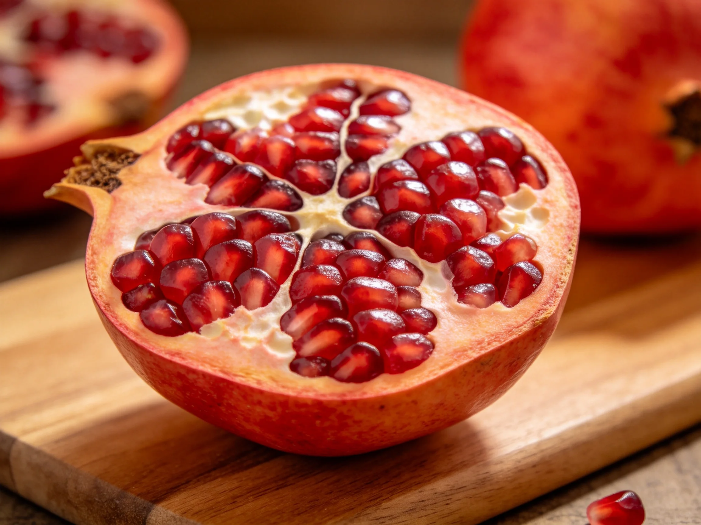 A halved pomegranate with vibrant red seeds on a wooden cutting board