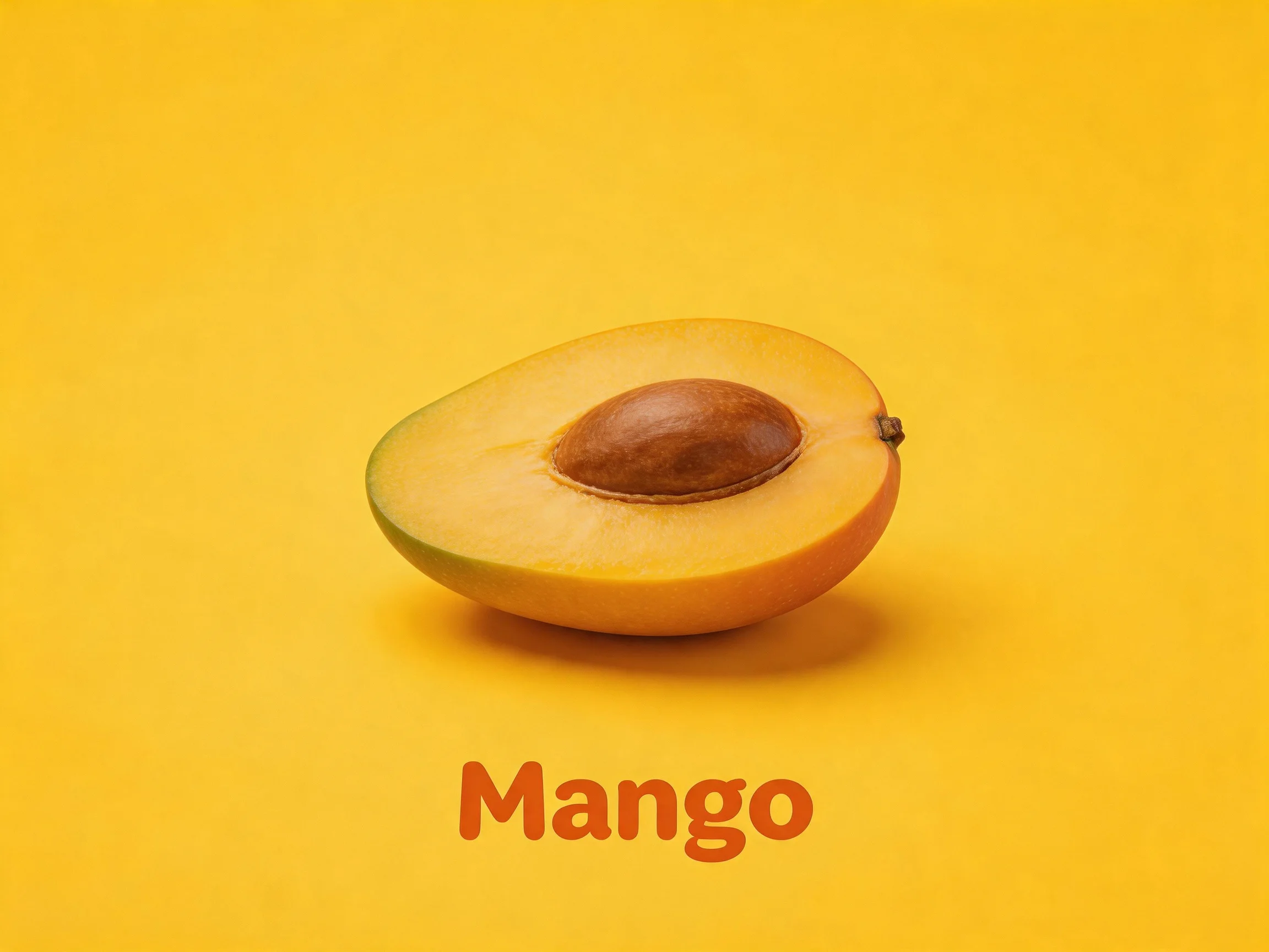 A halved ripe mango with vibrant orange flesh, set against a solid yellow background