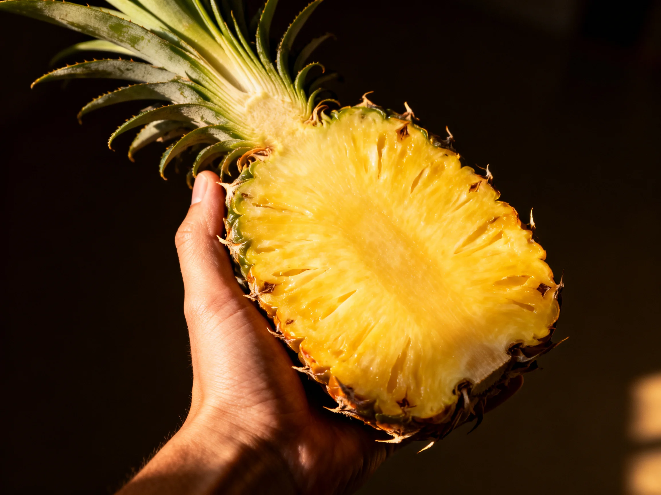 A halved ripe pineapple displayed vibrant yellow flesh shown