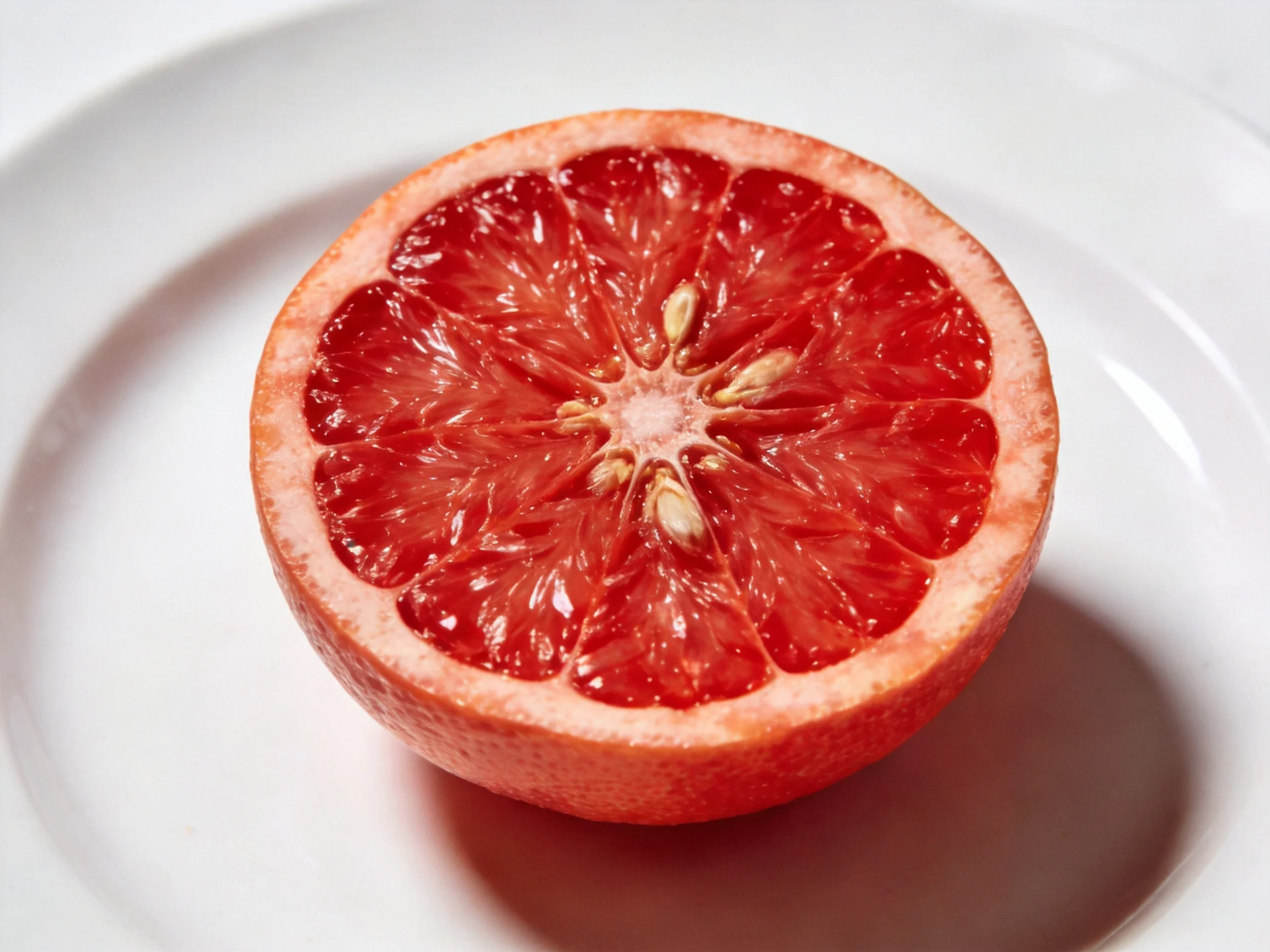 A halved ruby-red grapefruit sits on a white plate