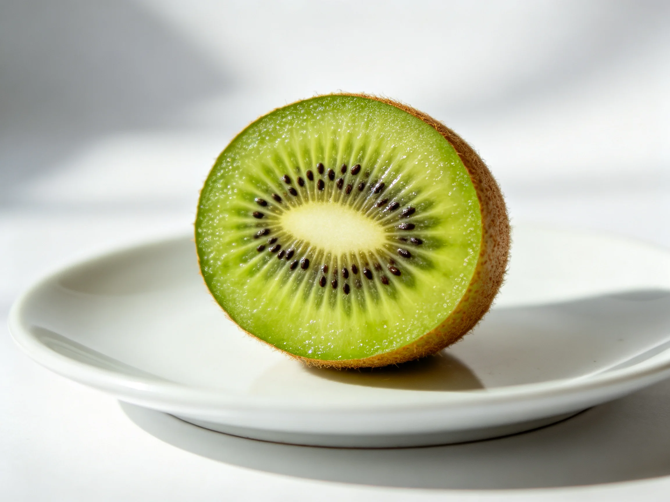 A halved vibrant green kiwi fruit on a white plate