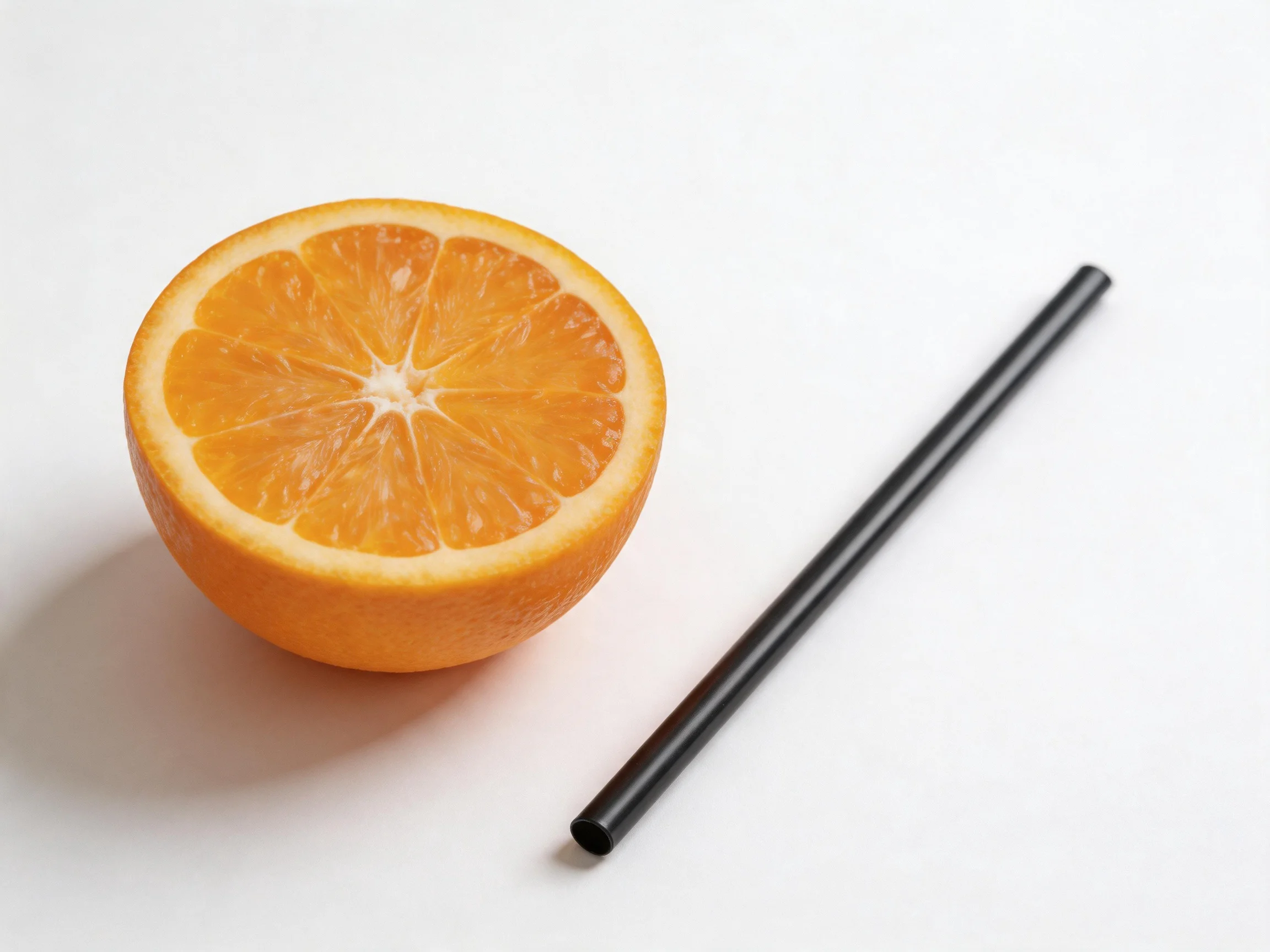 A halved vibrant orange beside a sleek black straw on a white surface