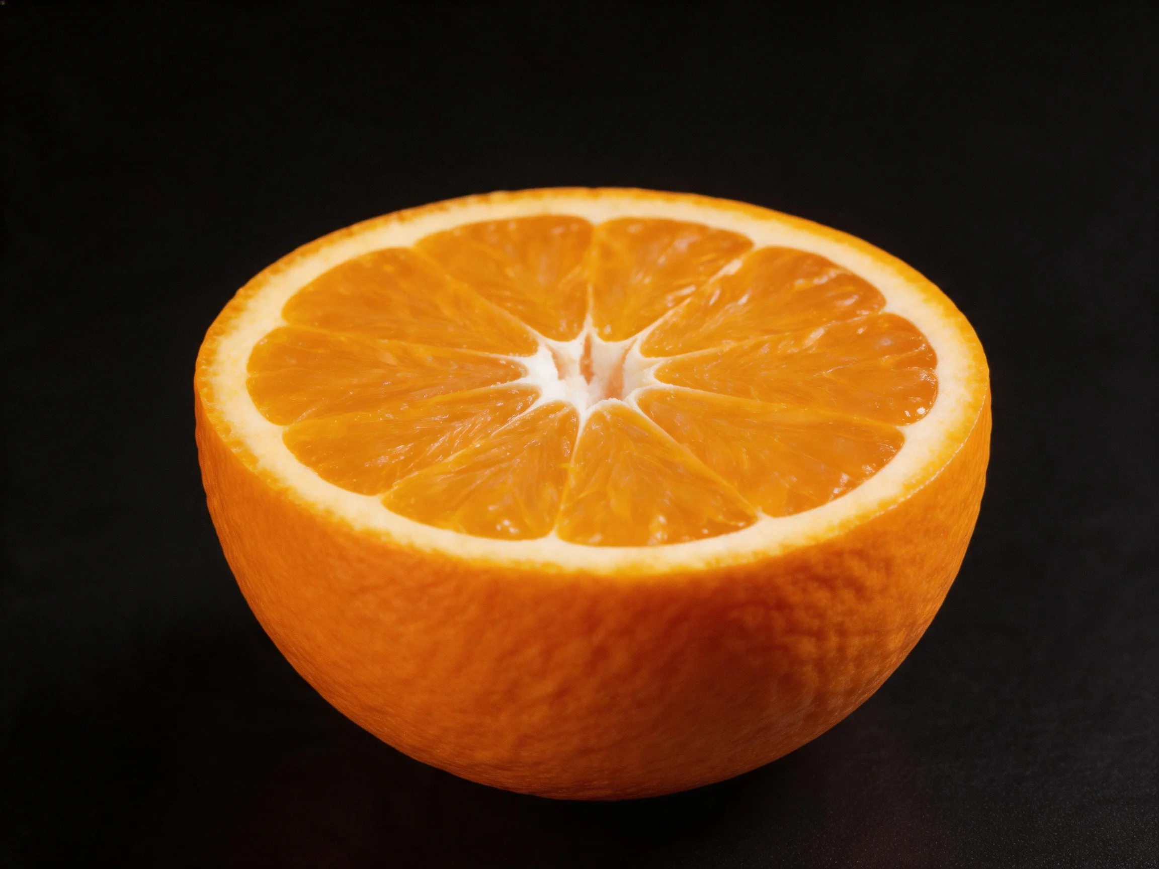 A halved vibrant orange citrus fruit against a black backdrop