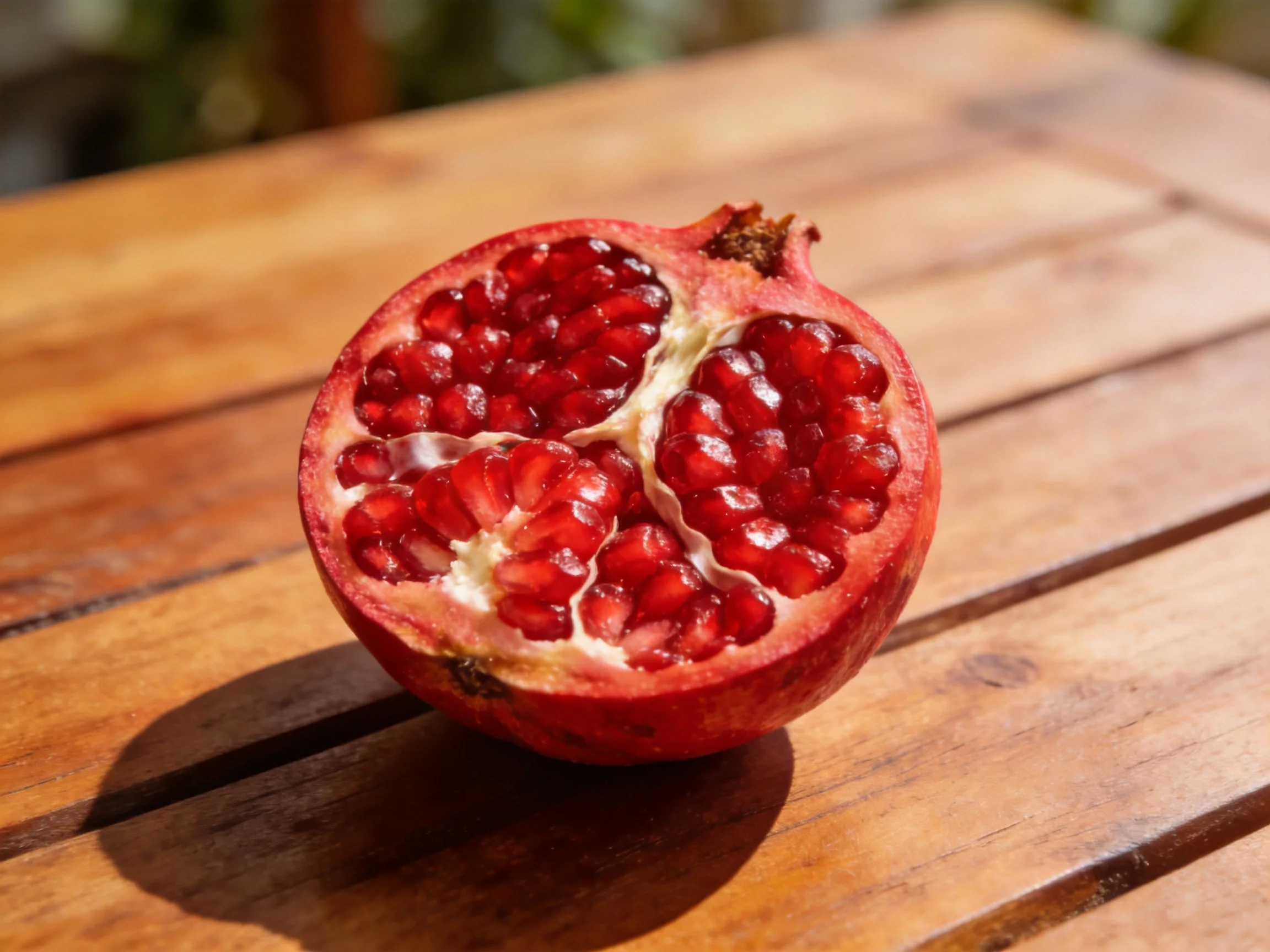 A halved vibrant pomegranate rests on a wooden slatted table