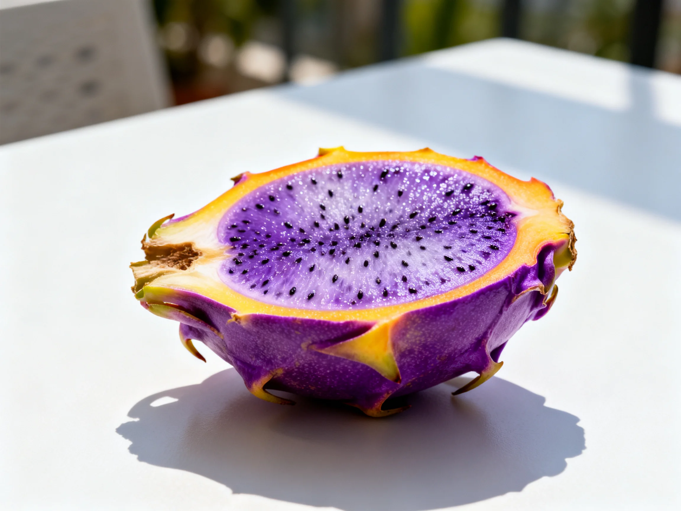 A halved vibrant purple dragon fruit with yellow edges