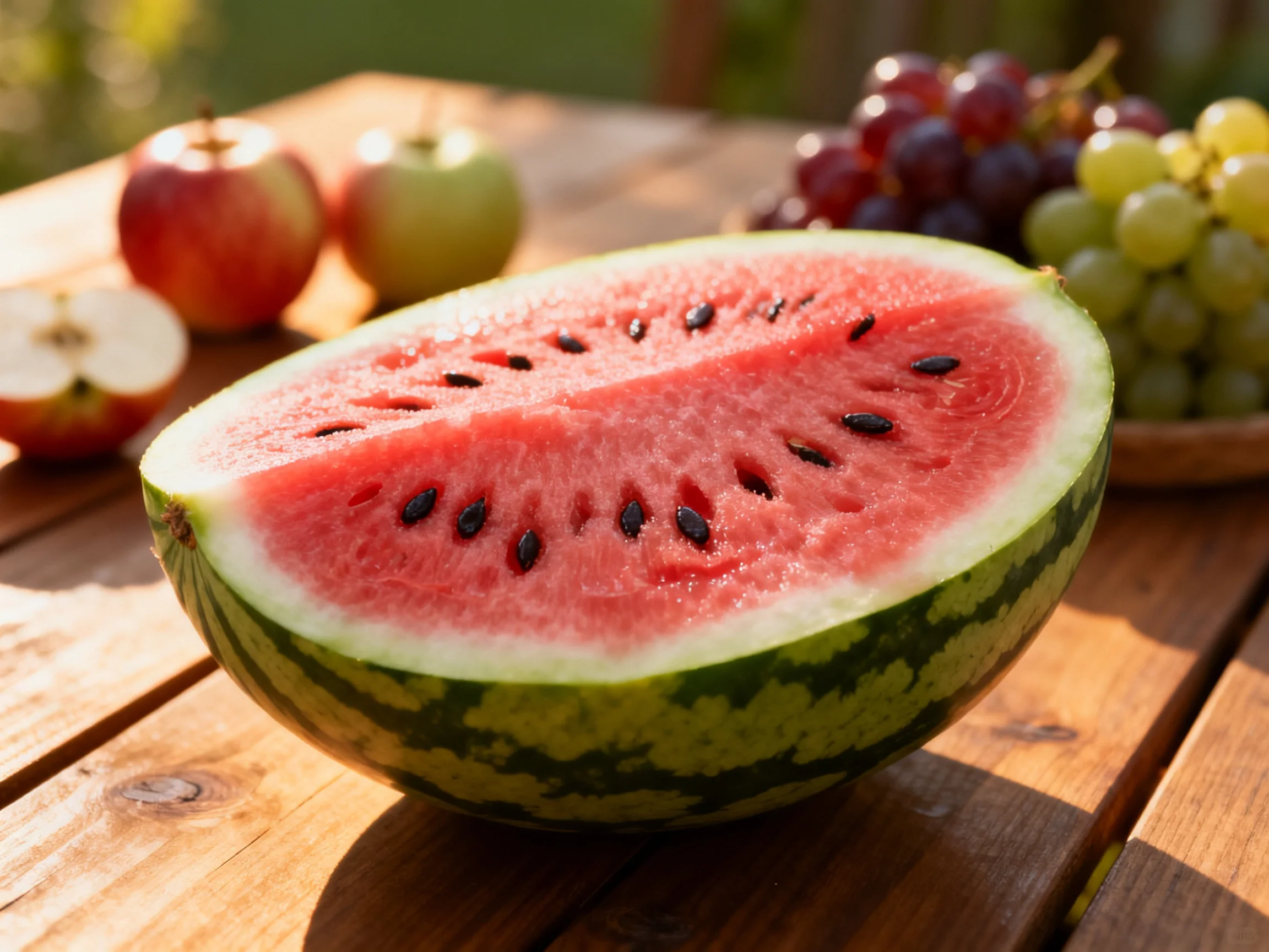 A halved watermelon, red and green apples, and mixed grapes sit on a wooden table