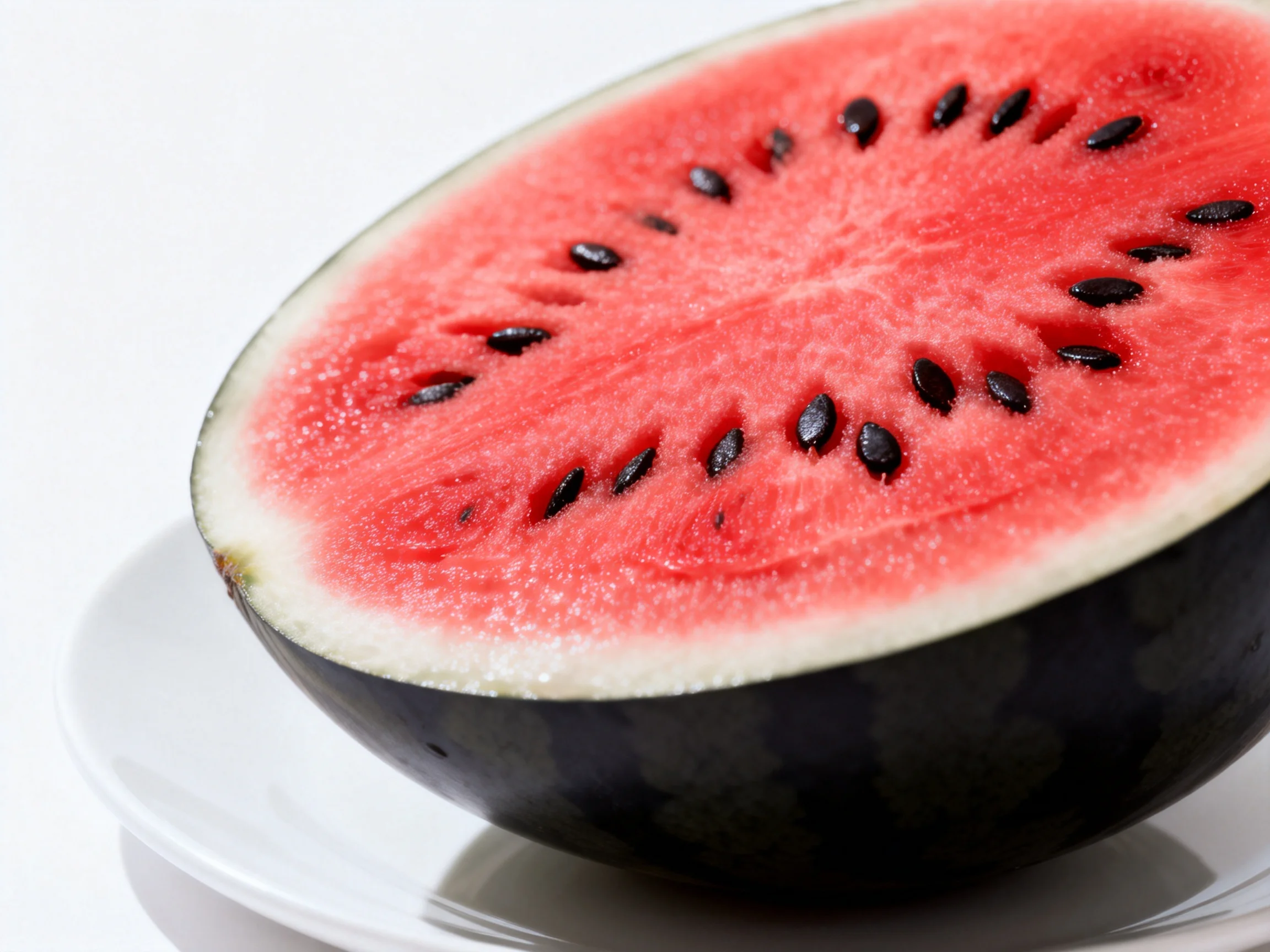 A halved watermelon showcasing vibrant red flesh and dark green rind