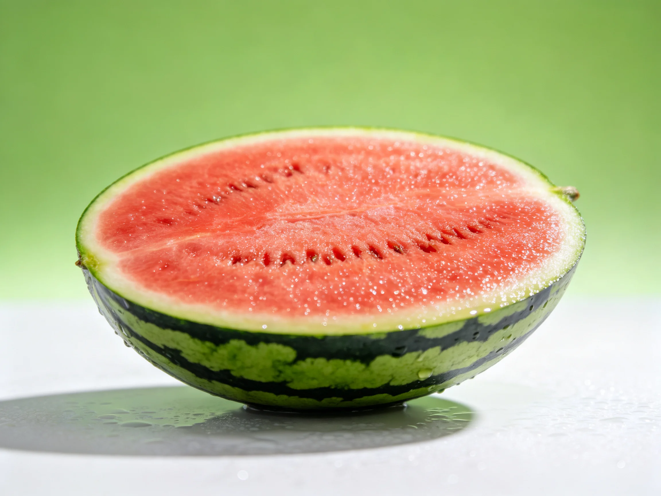 A halved watermelon with vibrant red flesh and dark green striped rind