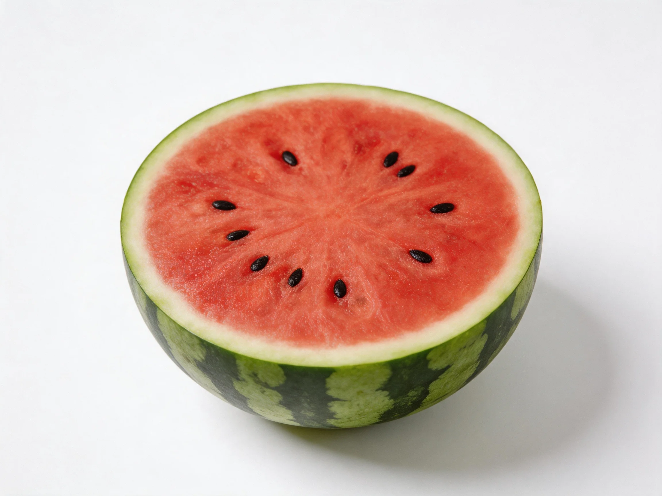 A halved watermelon with vibrant red flesh and striped green rind