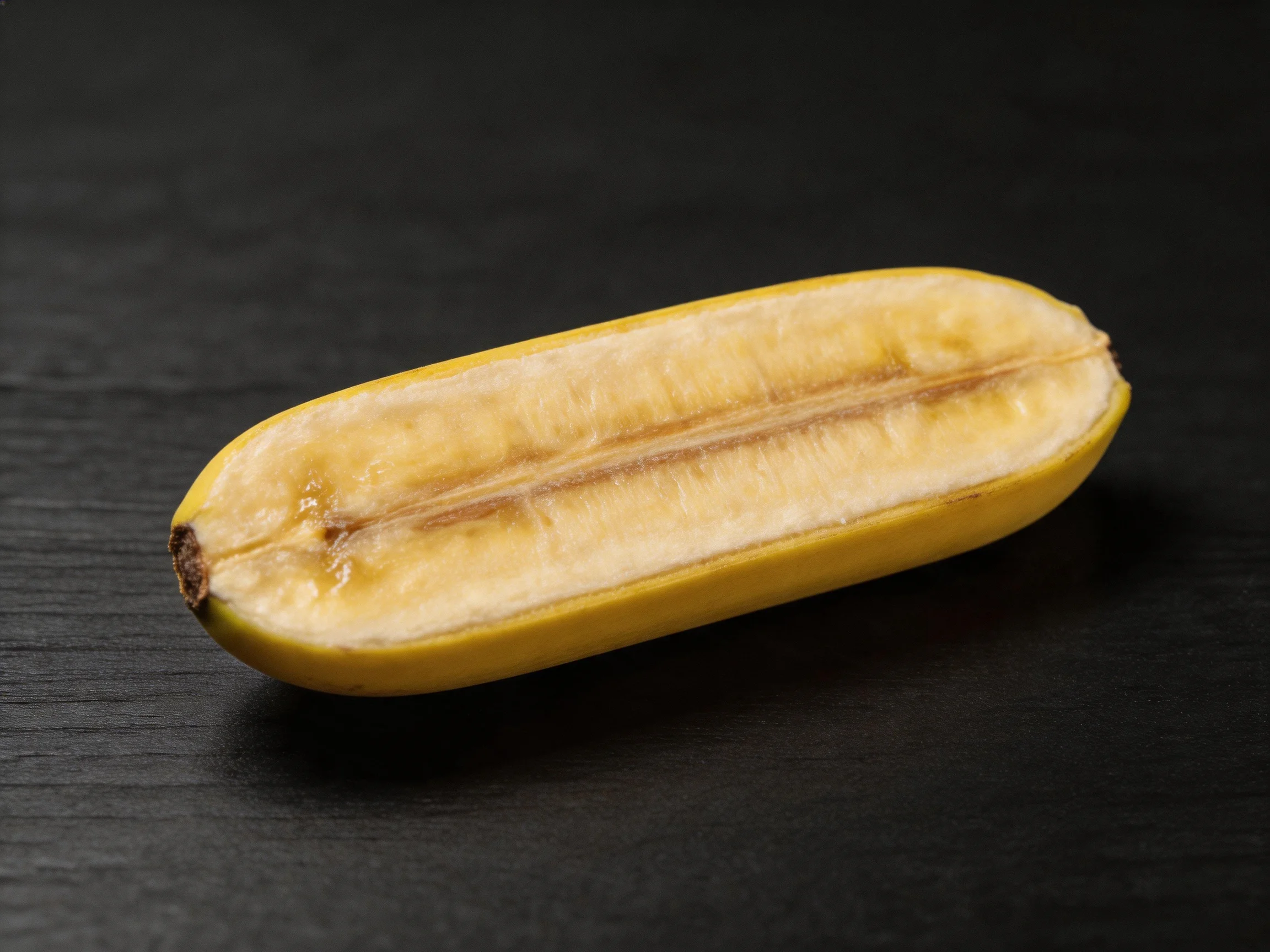 A halved yellow banana on a dark wooden surface