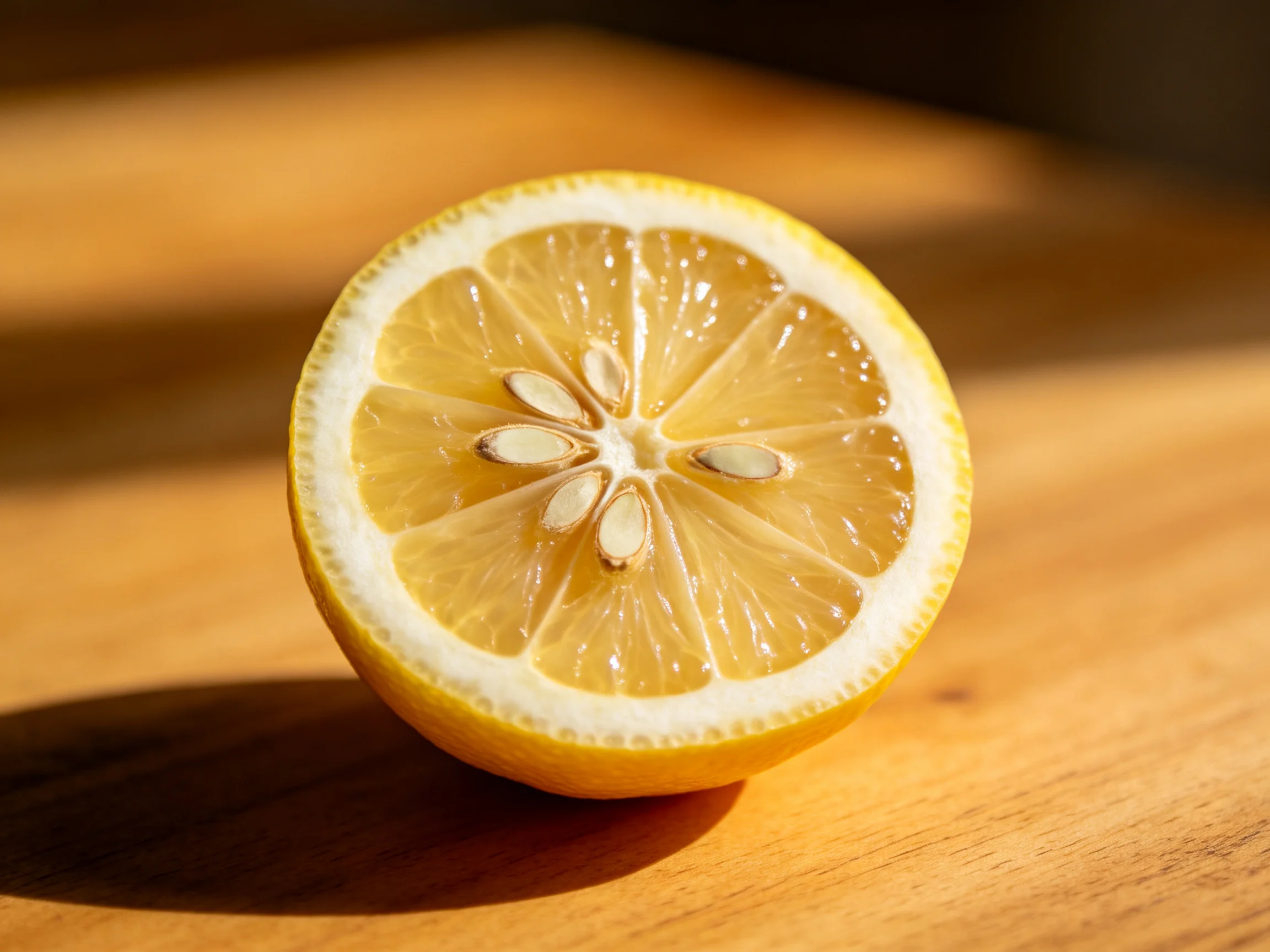 A halved yellow lemon with seeds on a wooden surface
