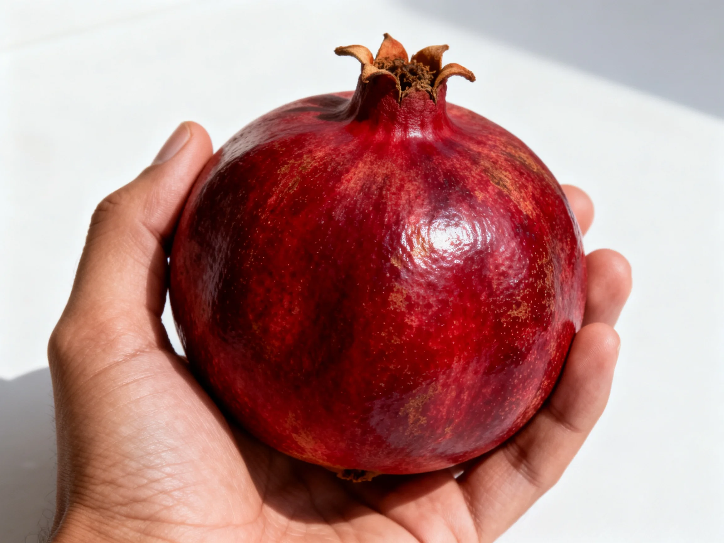 A hand cradles a large, glossy red pomegranate with a brown calyx