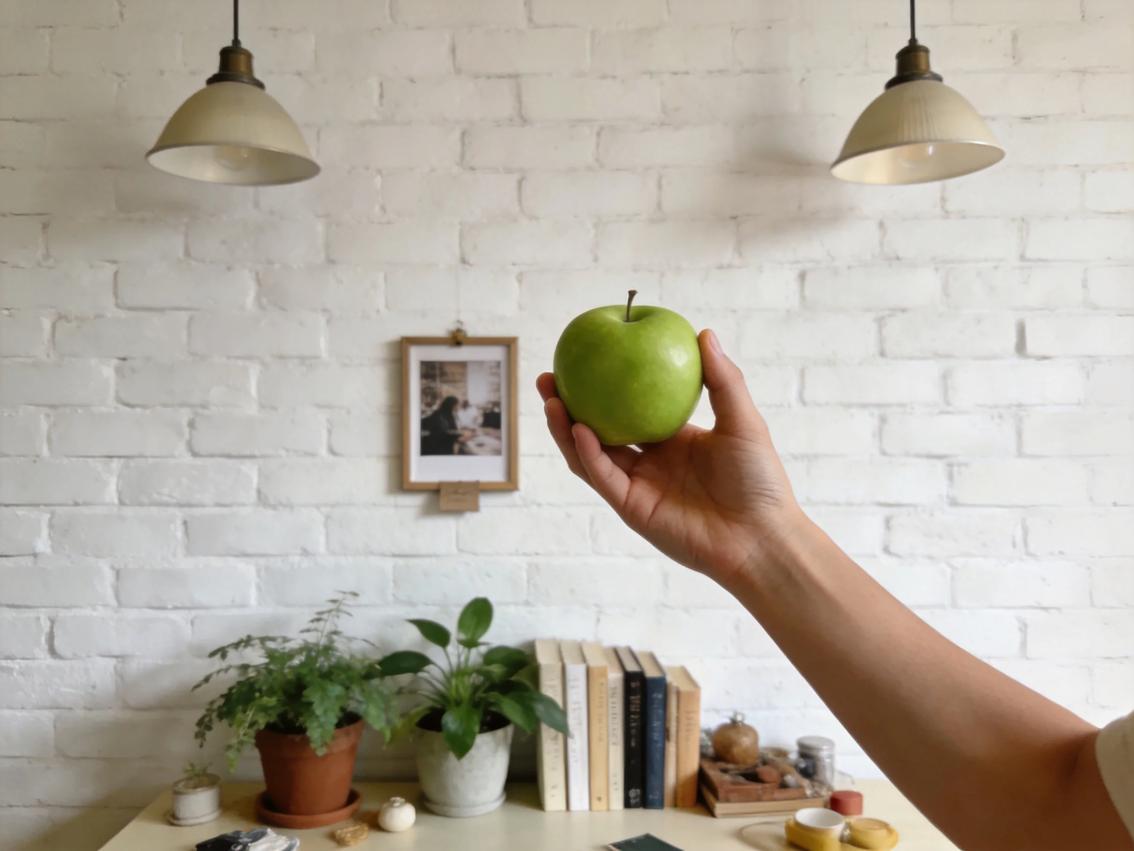 A hand holds a bright green apple near white brick walls with hanging lamps