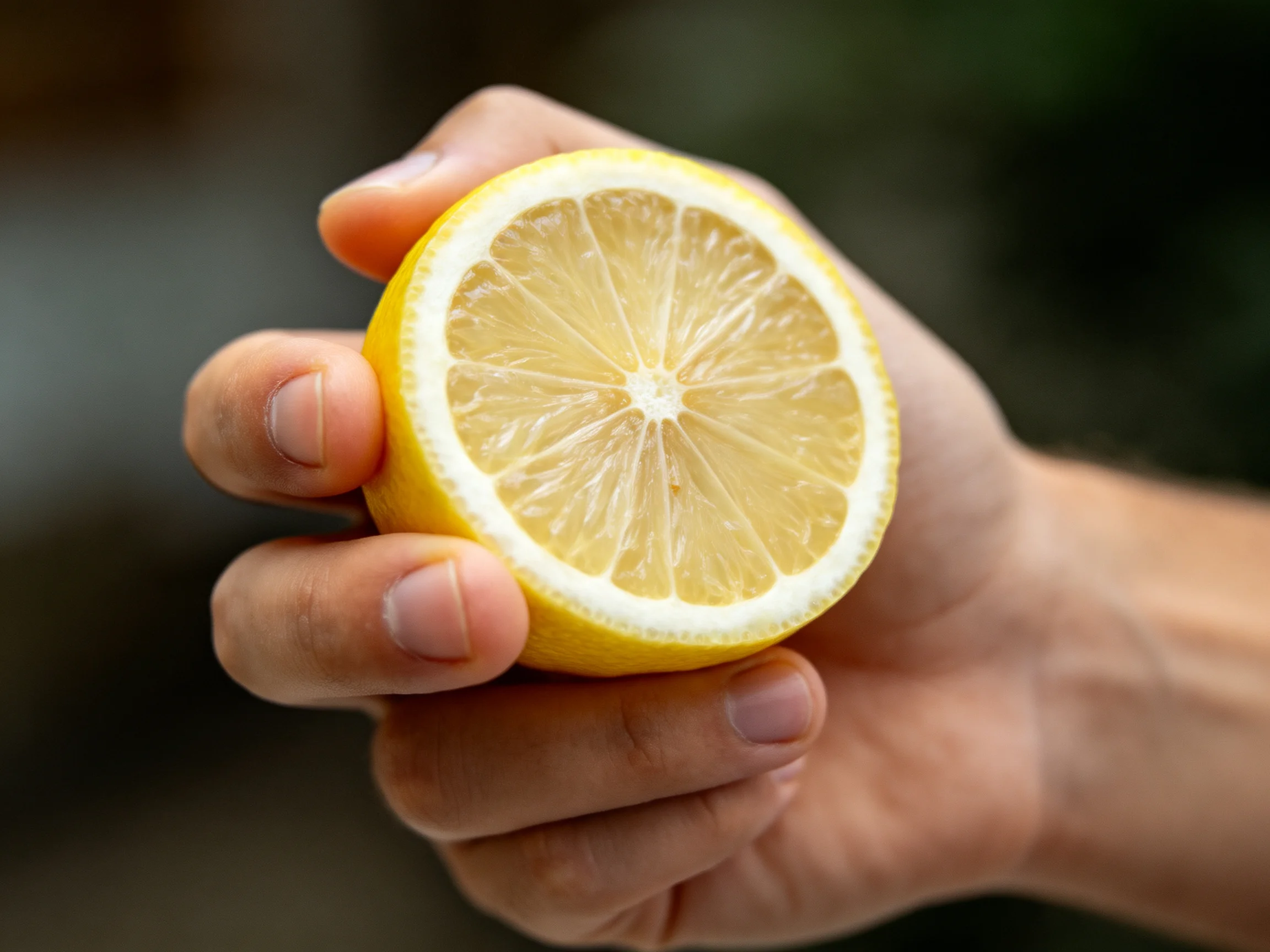 A hand holds a bright yellow lemon cut in half