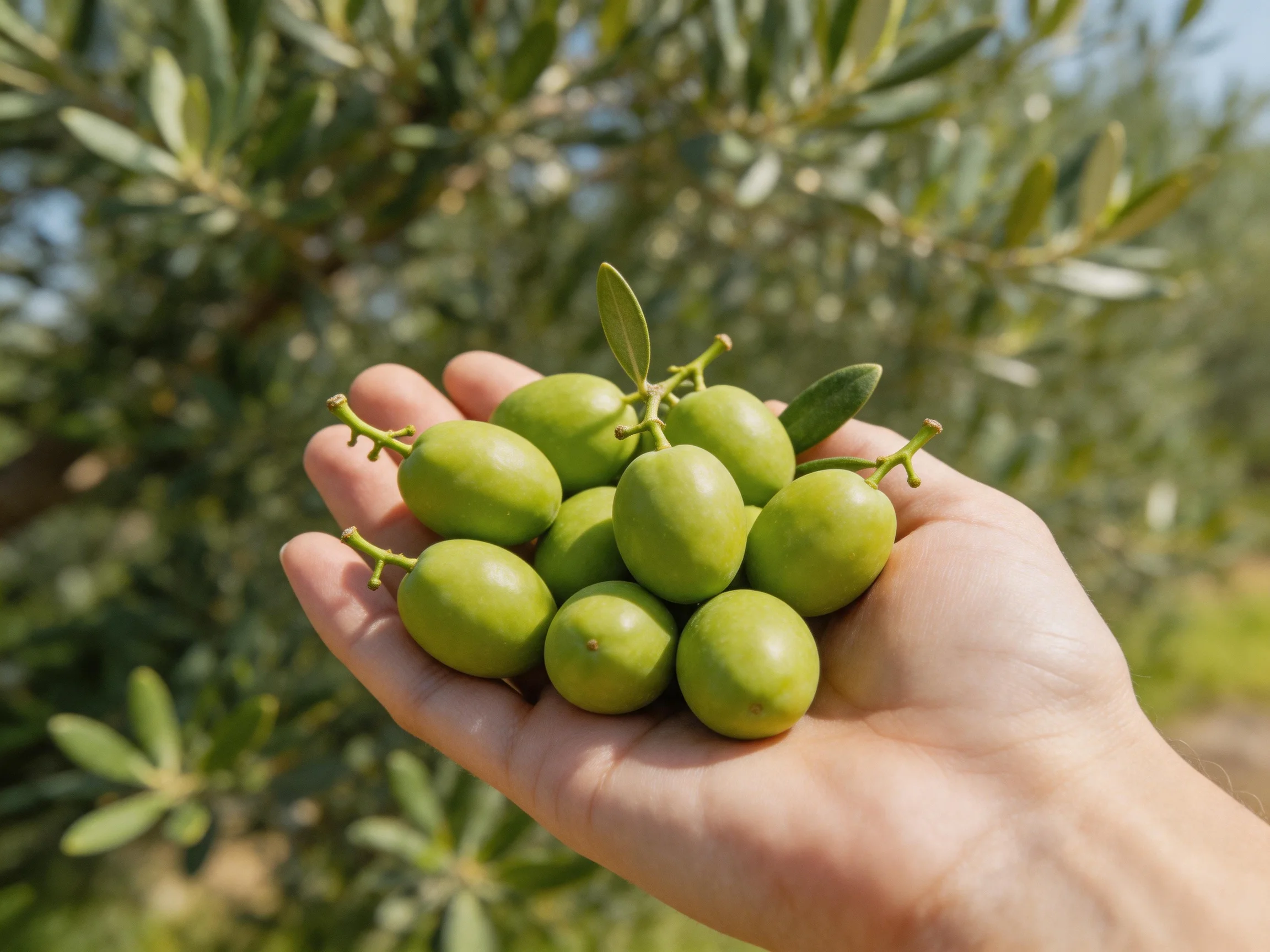 A hand holds a cluster of fresh green olives near an olive grove