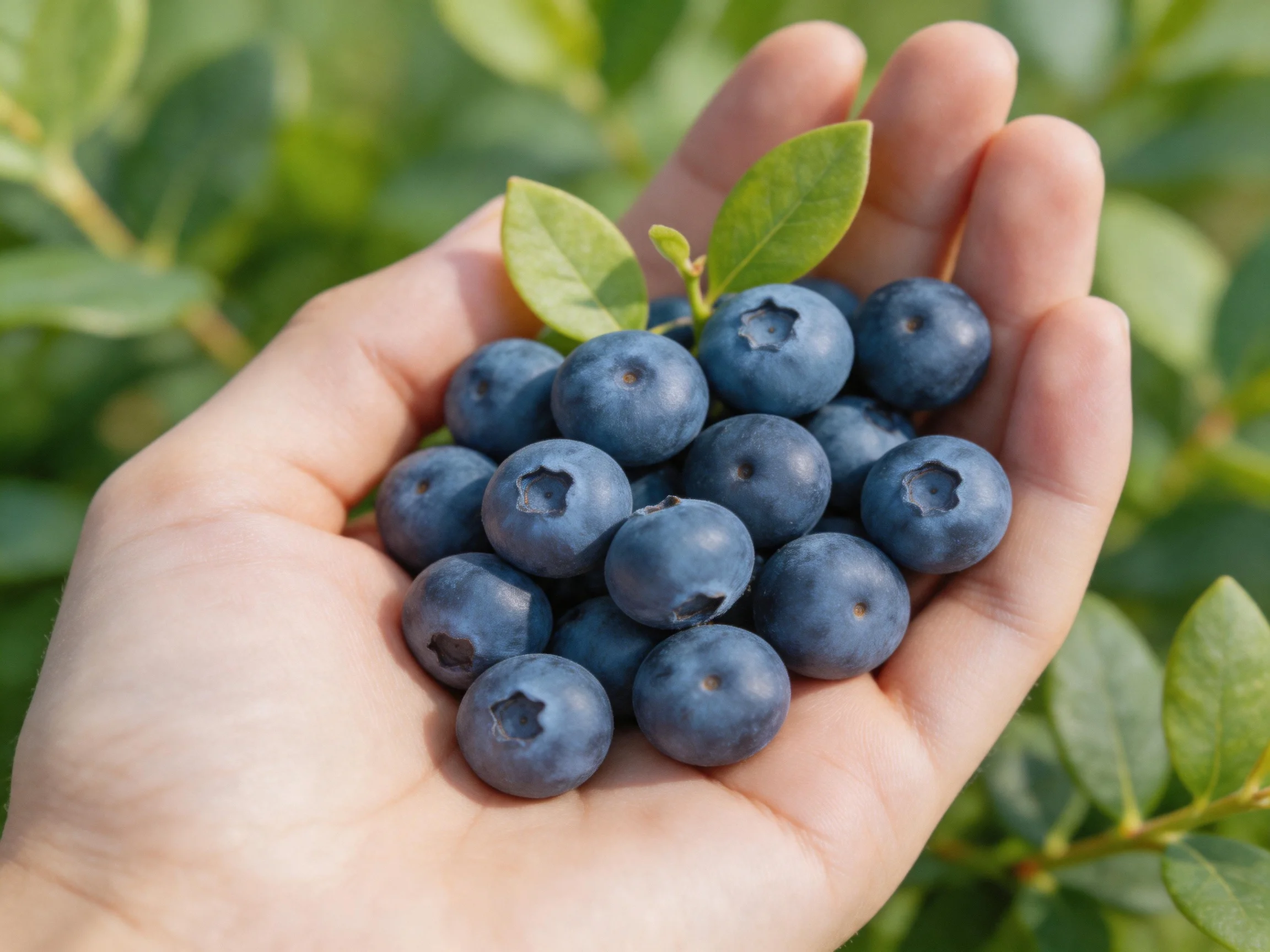 A hand holds a cluster of plump, dark-blue blueberries with green leaves