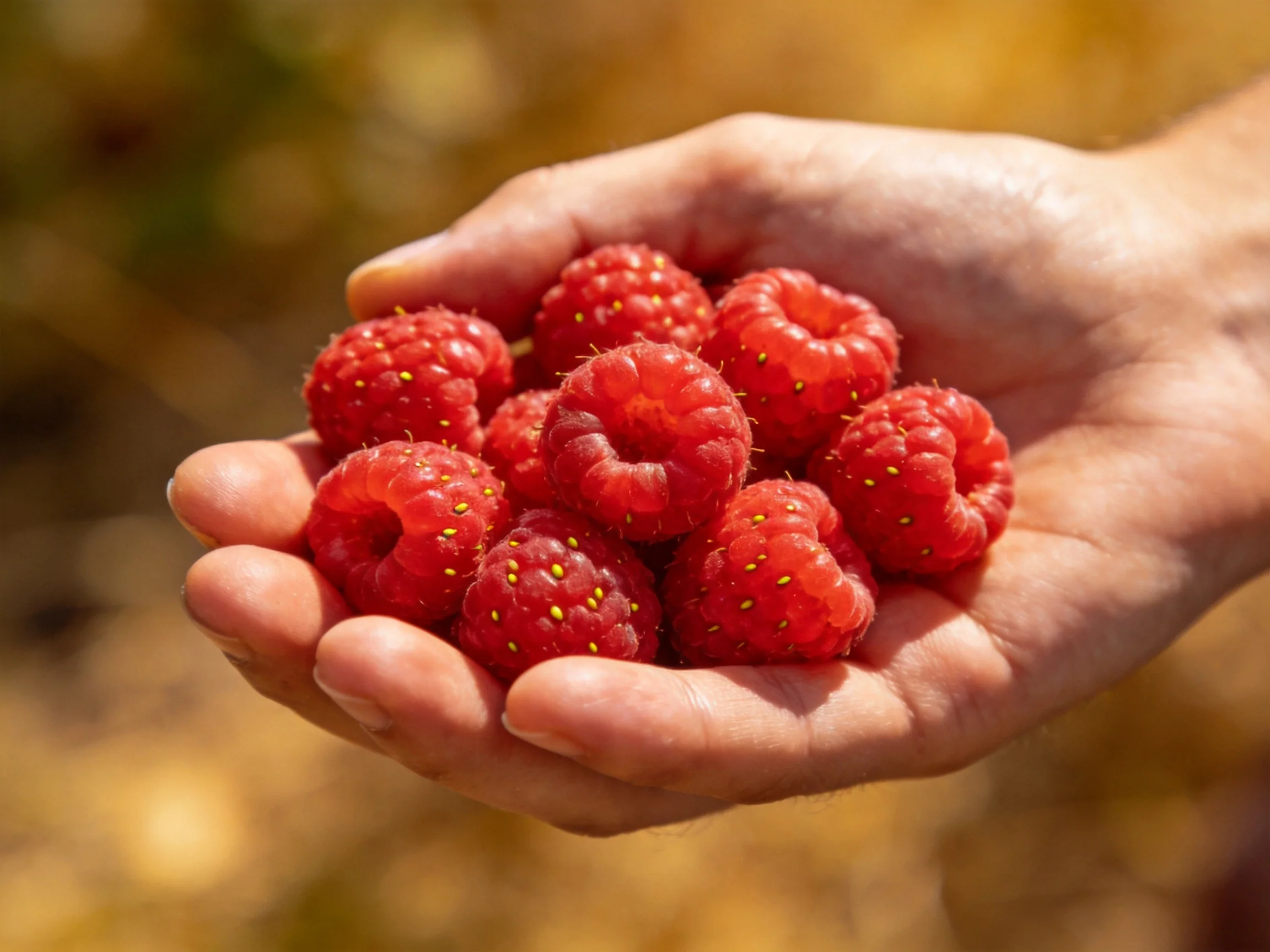 A hand holds a cluster of vibrant red raspberries outdoors