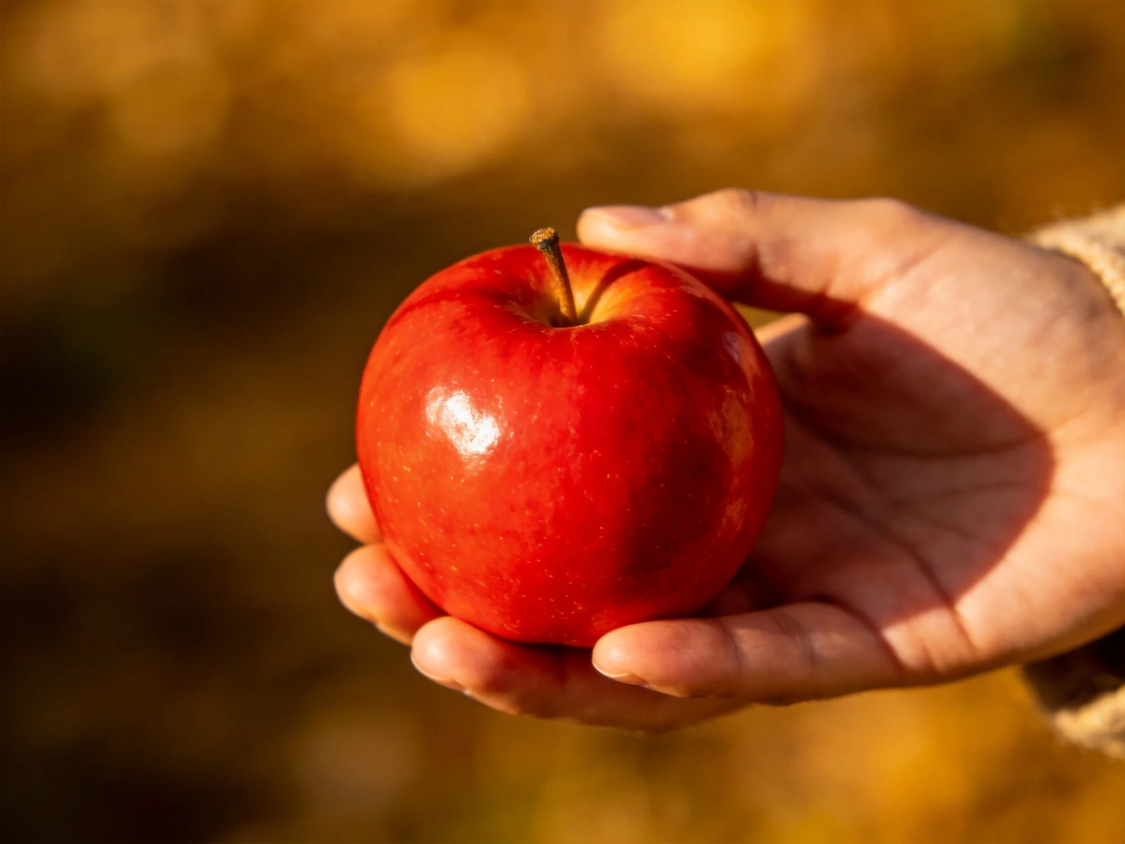 A hand holds a glossy red apple against a warm, golden blurred background