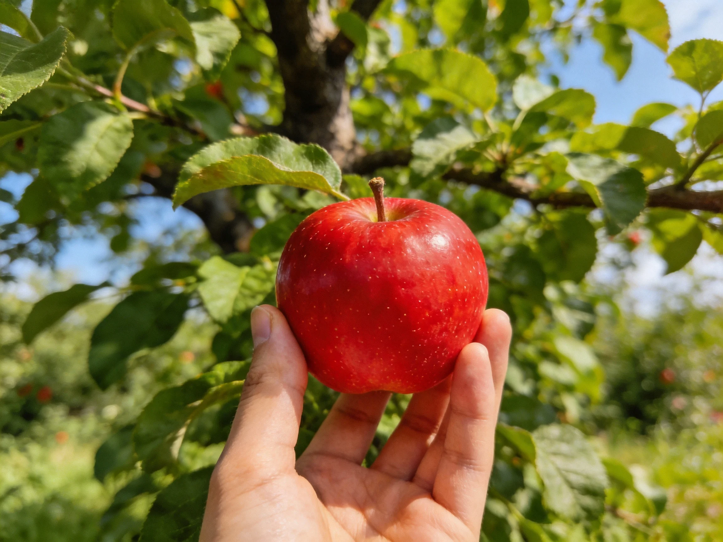 A hand holds a glossy red apple amid leafy orchard branches
