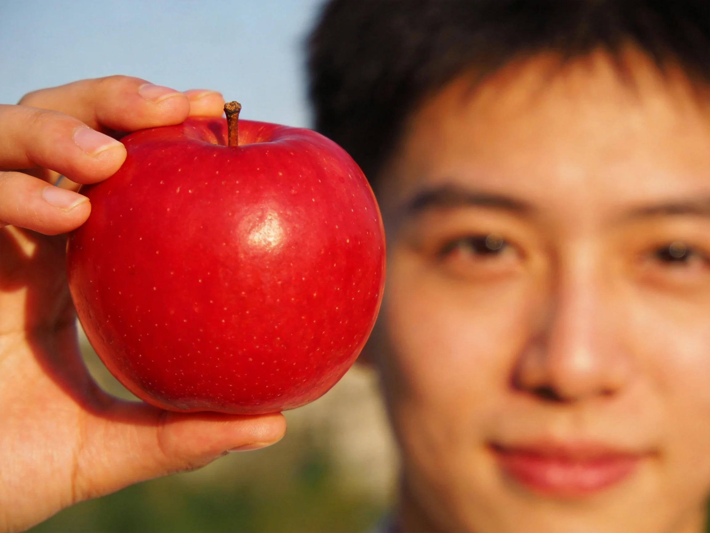A hand holds a glossy red apple near a smiling individual