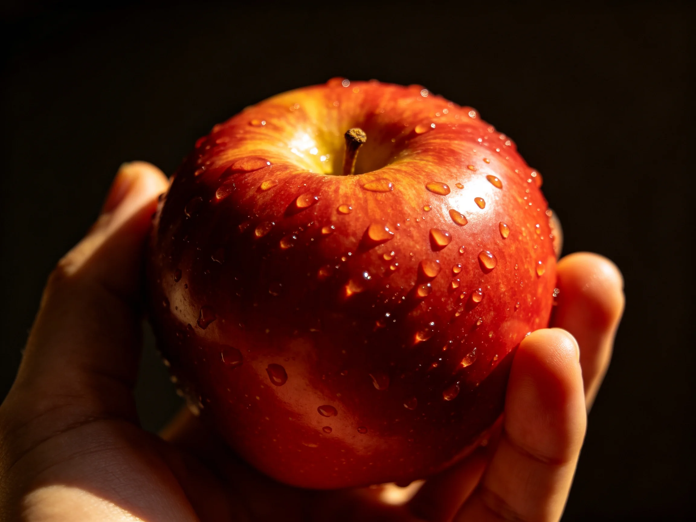 A hand holds a glossy red apple with glistening water droplets