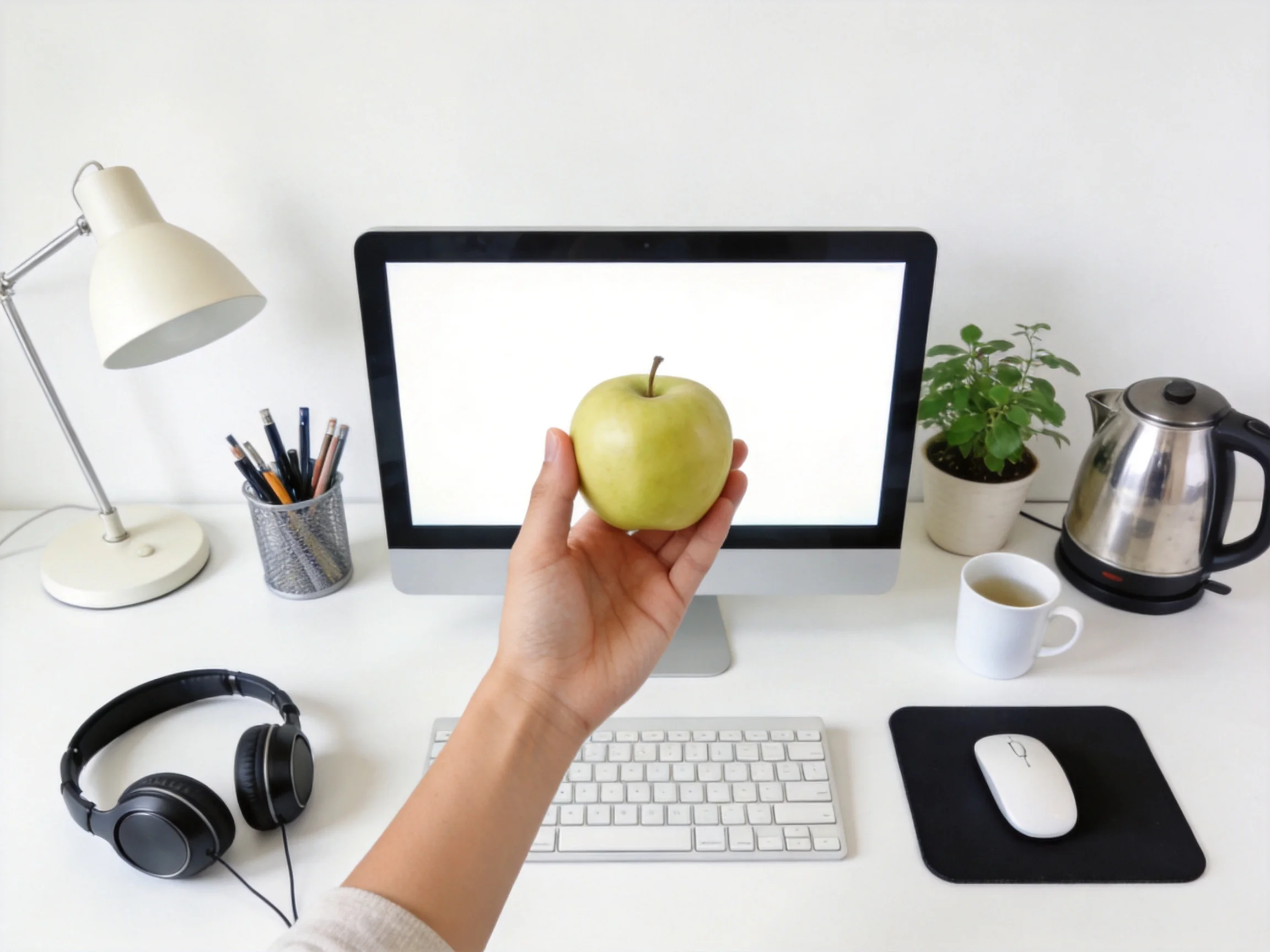 A hand holds a green apple above a modern desk with computer and office items