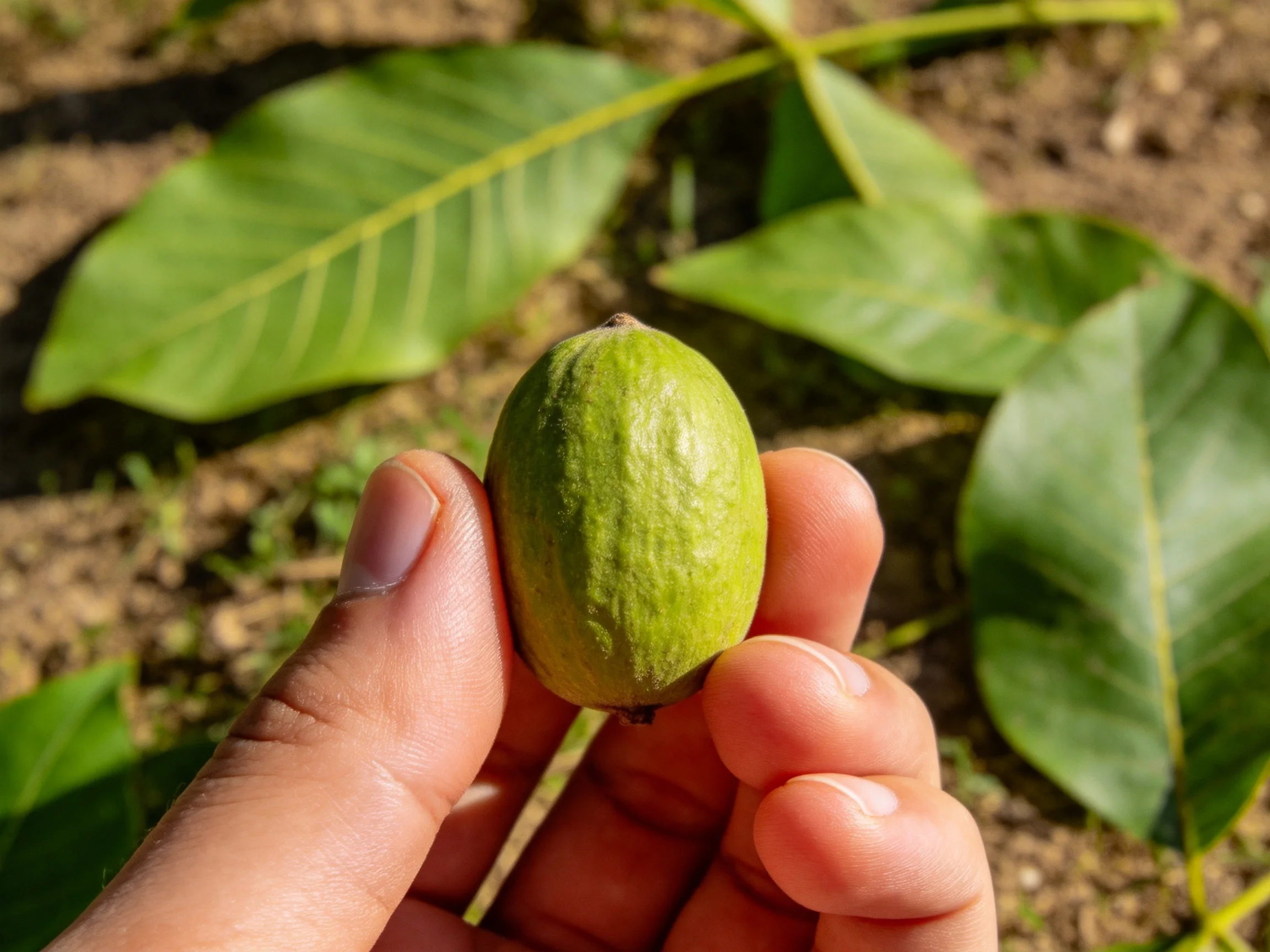 A hand holds a small green walnut near large glossy leaves