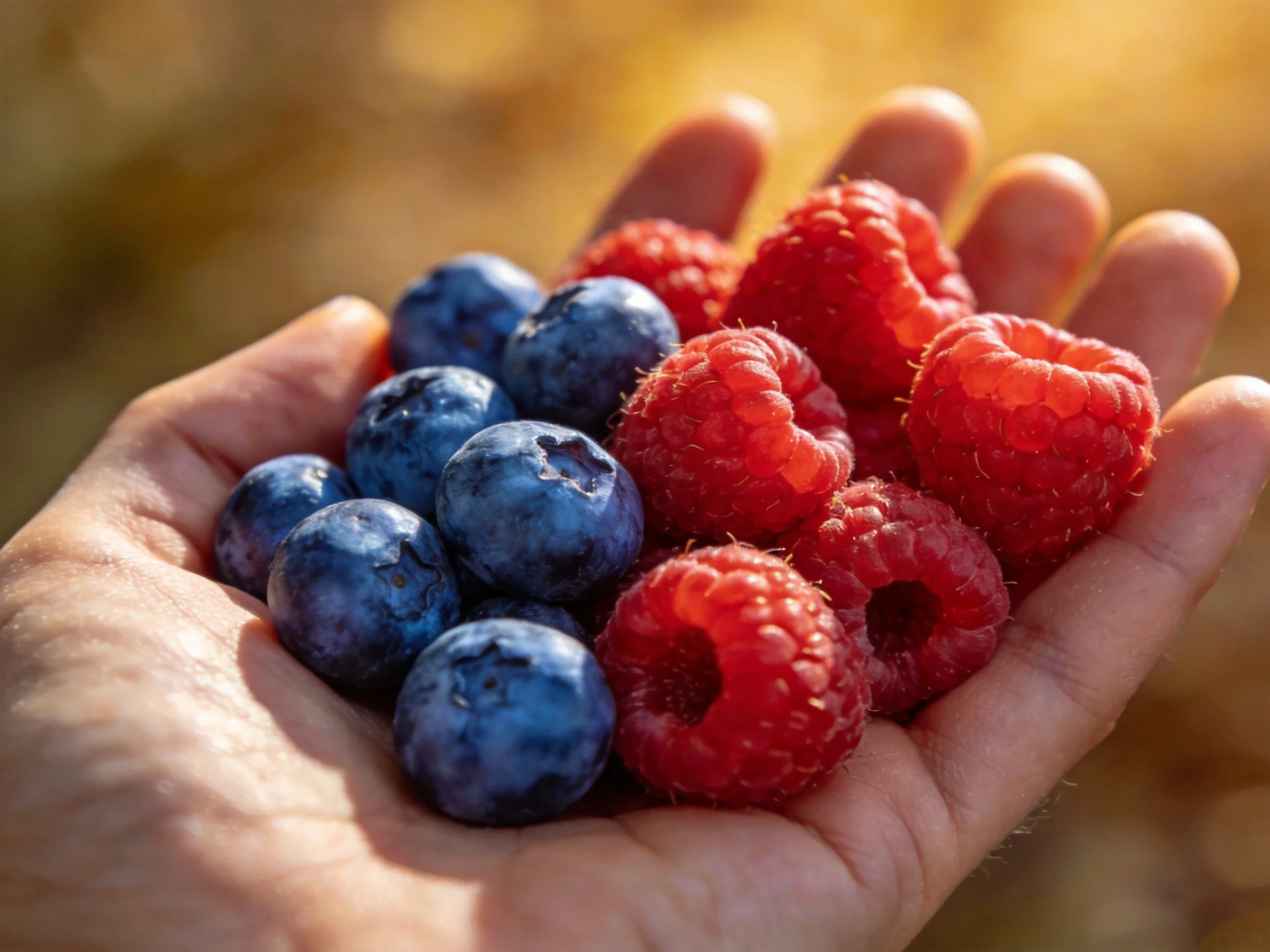 A hand holds vibrant blueberries and plump raspberries under warm light